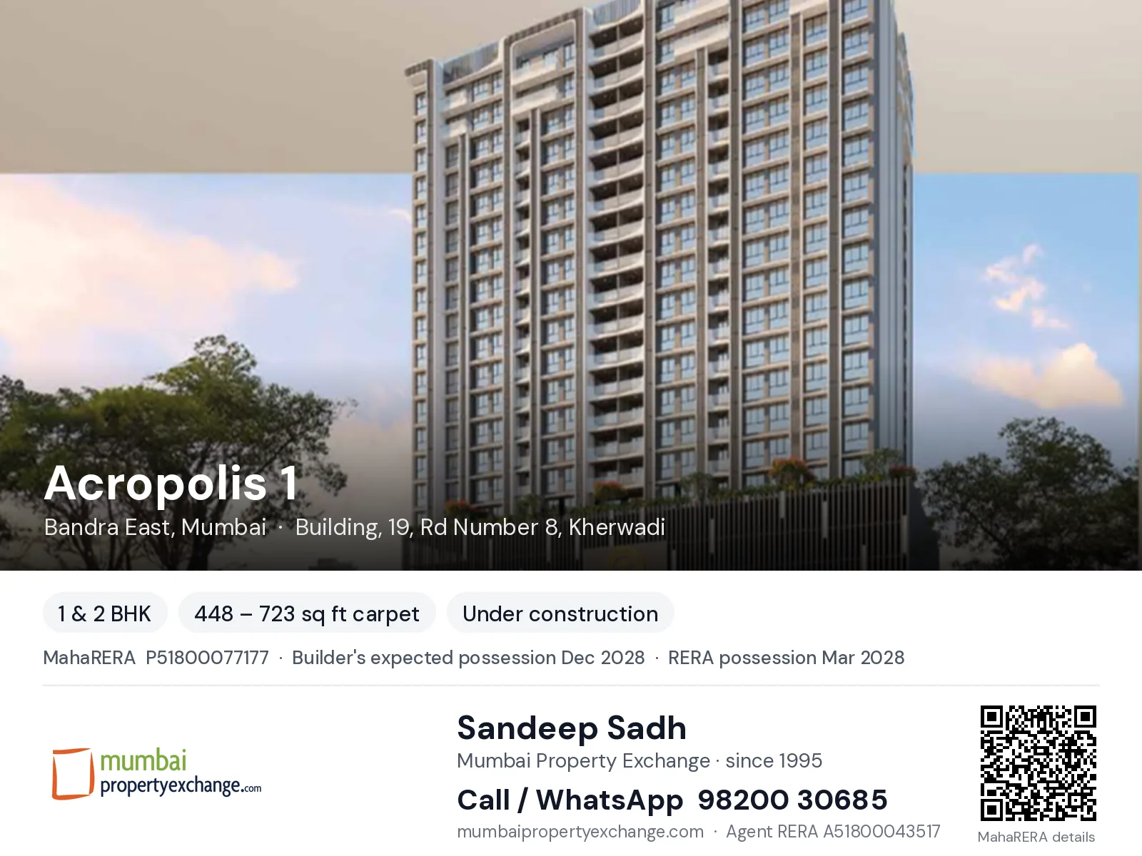Acropolis 1 by Sahakar Global, Bandra East, Mumbai — 1 & 2 BHK new project, builder's expected possession Dec 2028, RERA possession Mar 2028 | Mumbai Property Exchange, Sandeep Sadh 98200 30685