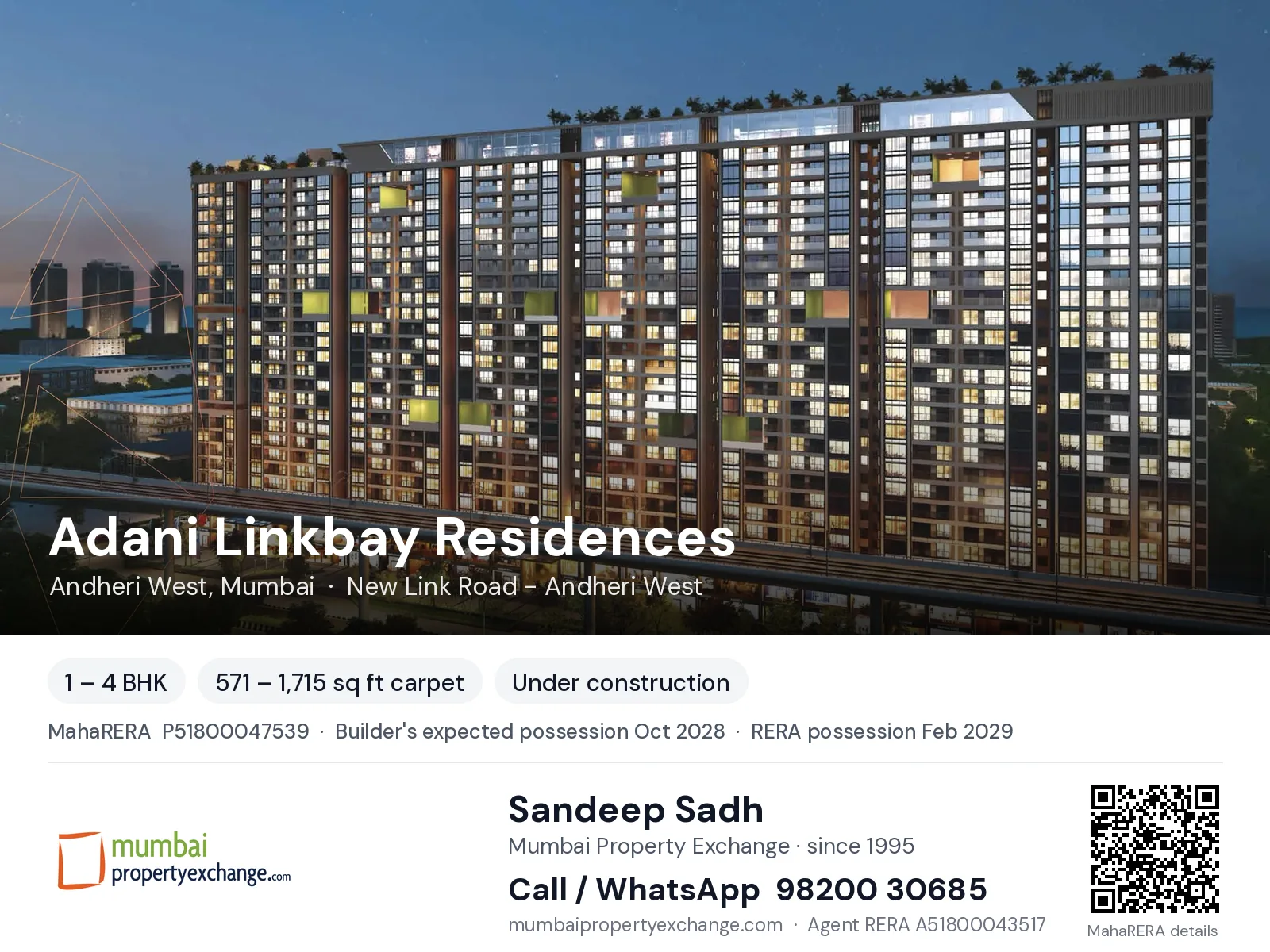Adani Linkbay Residences, Andheri West, Mumbai — 1 – 4 BHK new project, builder's expected possession Oct 2028, RERA possession Feb 2029 | Mumbai Property Exchange, Sandeep Sadh 98200 30685