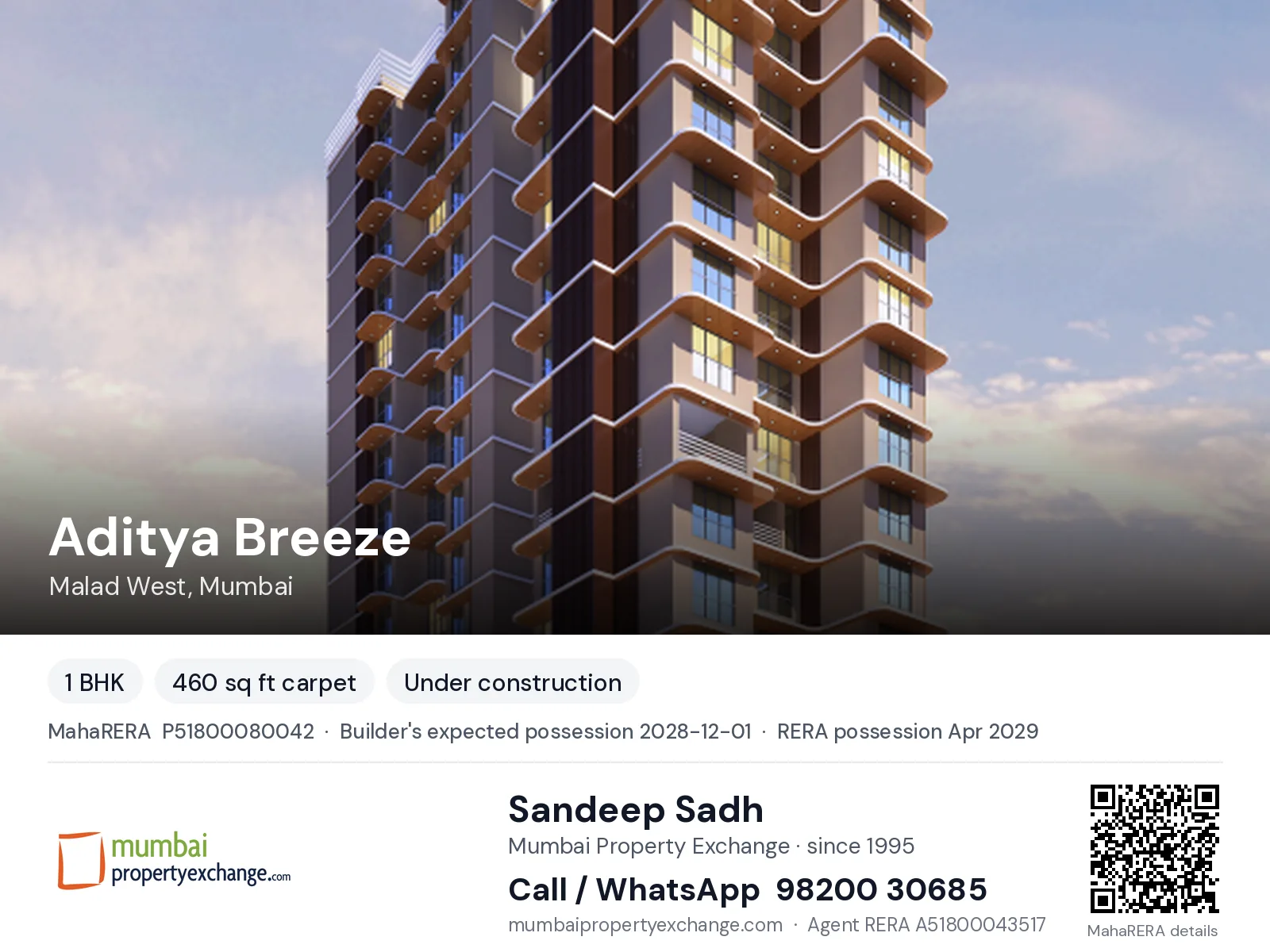 Aditya Breeze, Malad West, Mumbai — 1 BHK new project, builder's expected possession 2028-12-01, RERA possession Apr 2029 | Mumbai Property Exchange, Sandeep Sadh 98200 30685