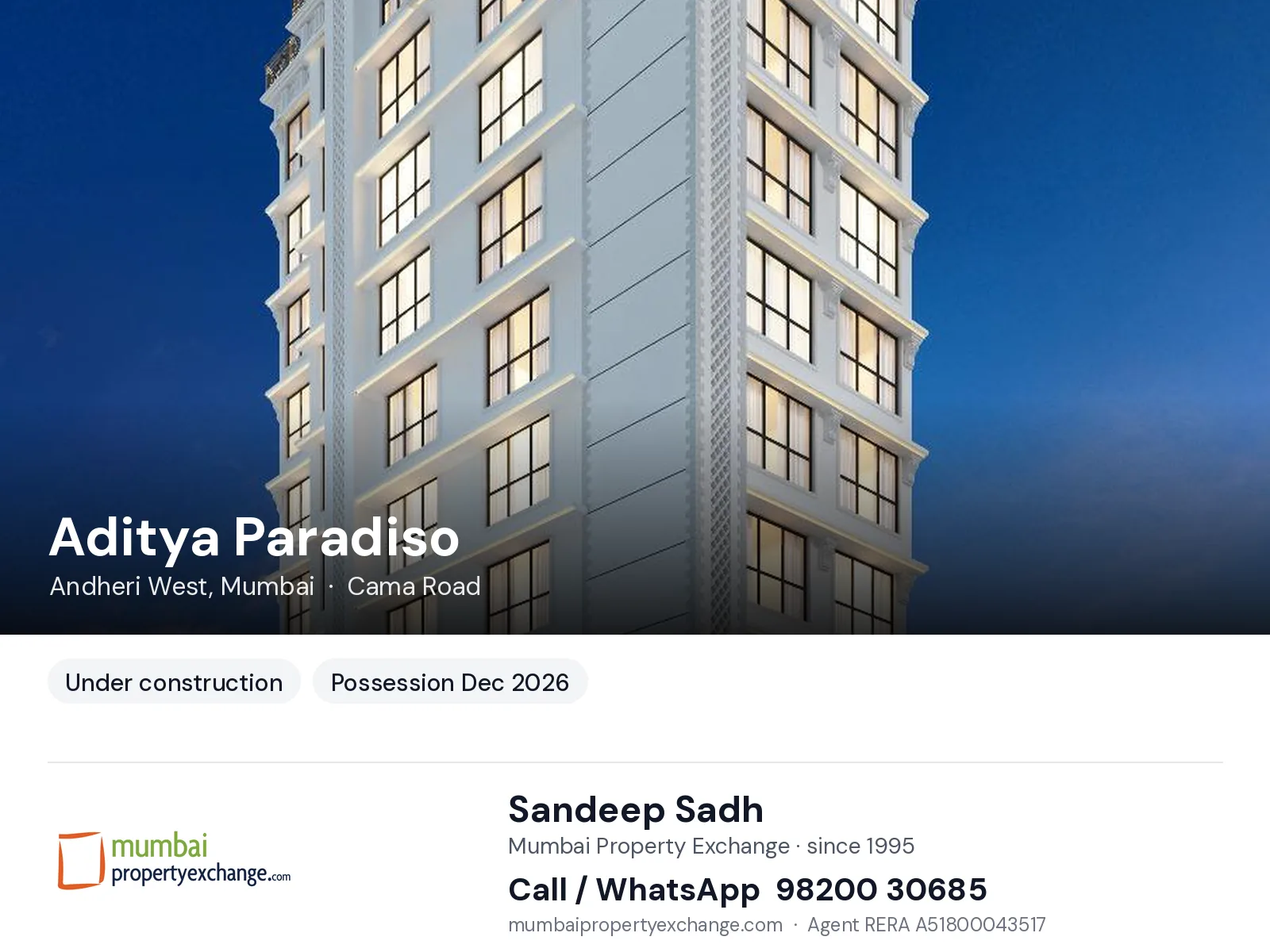 Aditya Paradiso, Andheri West, Mumbai — new project, possession Dec 2026 | Mumbai Property Exchange, Sandeep Sadh 98200 30685