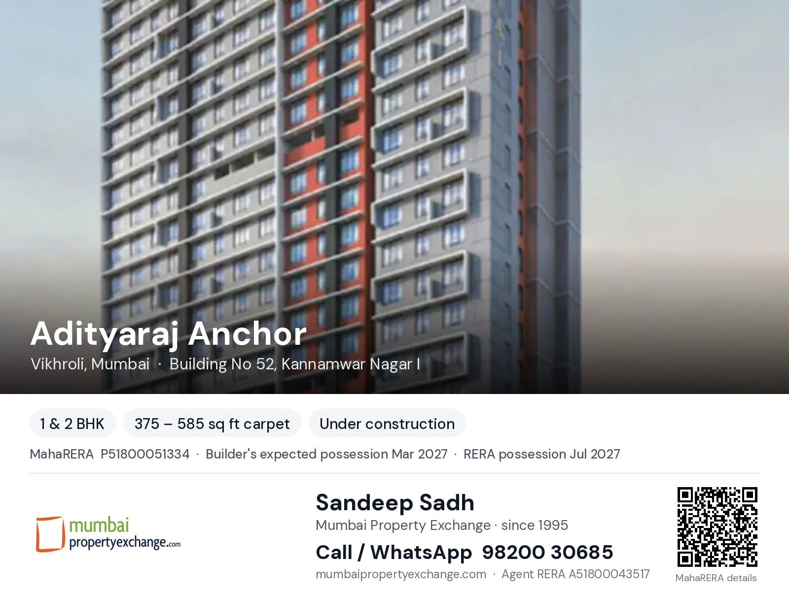 Adityaraj Anchor, Vikhroli, Mumbai — 1 & 2 BHK new project, builder's expected possession Mar 2027, RERA possession Jul 2027 | Mumbai Property Exchange, Sandeep Sadh 98200 30685