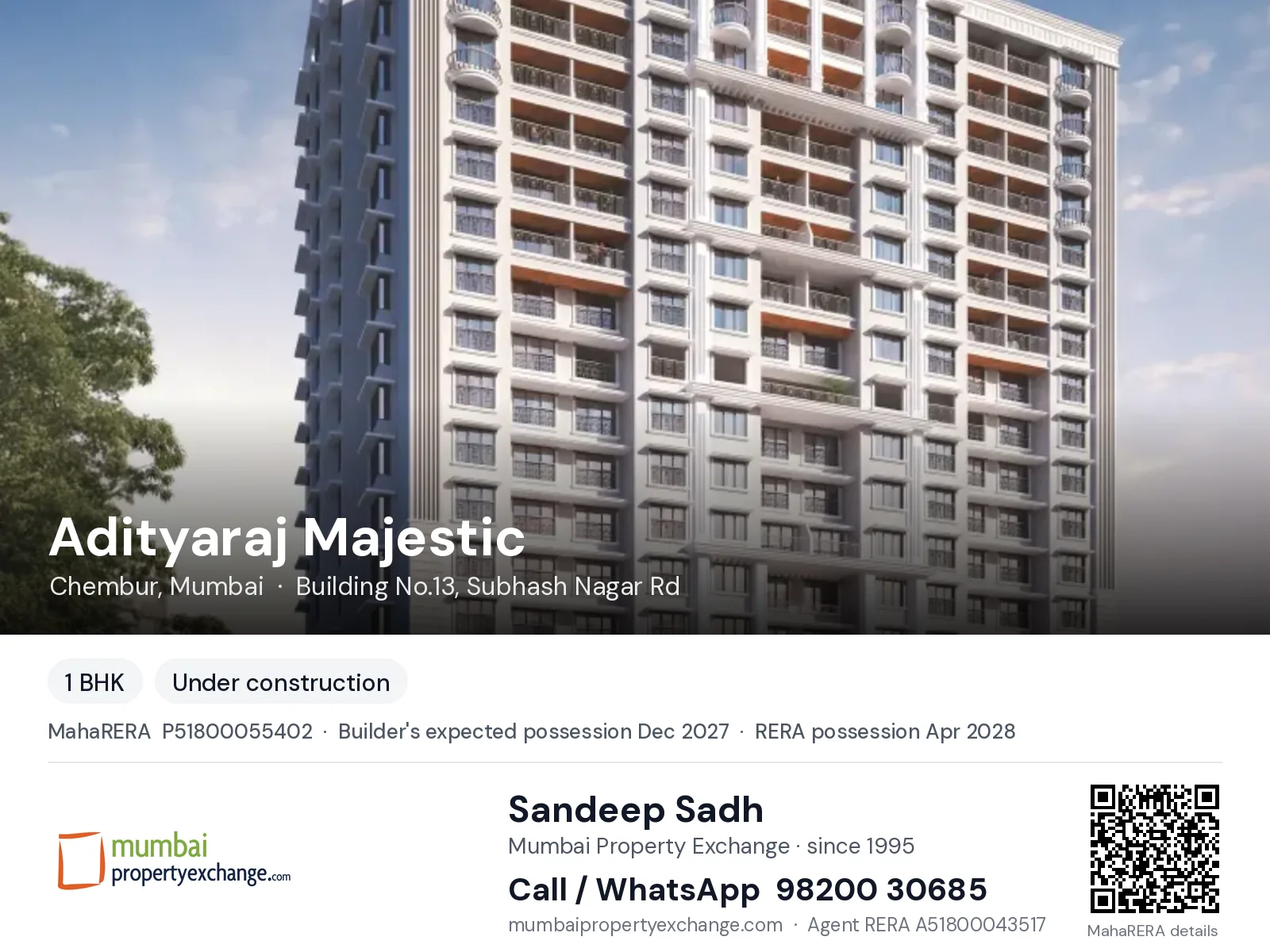 Adityaraj Majestic, Chembur, Mumbai — 1 BHK new project, builder's expected possession Dec 2027, RERA possession Apr 2028 | Mumbai Property Exchange, Sandeep Sadh 98200 30685