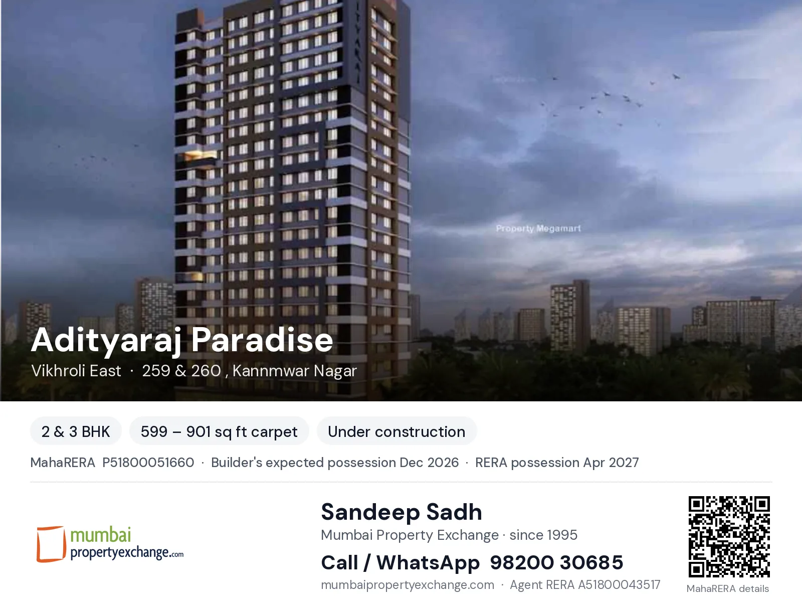 Adityaraj Paradise, Vikhroli East — 2 & 3 BHK new project, builder's expected possession Dec 2026, RERA possession Apr 2027 | Mumbai Property Exchange, Sandeep Sadh 98200 30685