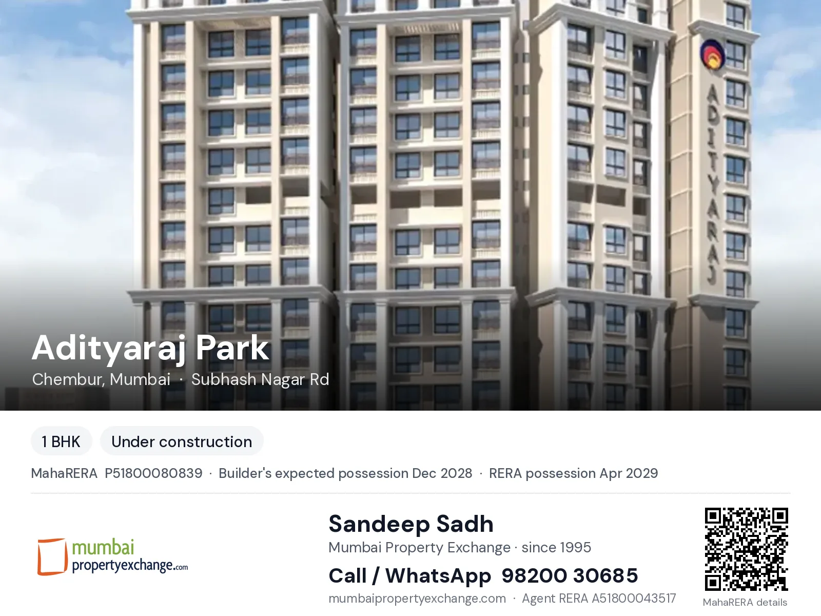 Adityaraj Park, Chembur, Mumbai — 1 BHK new project, builder's expected possession Dec 2028, RERA possession Apr 2029 | Mumbai Property Exchange, Sandeep Sadh 98200 30685