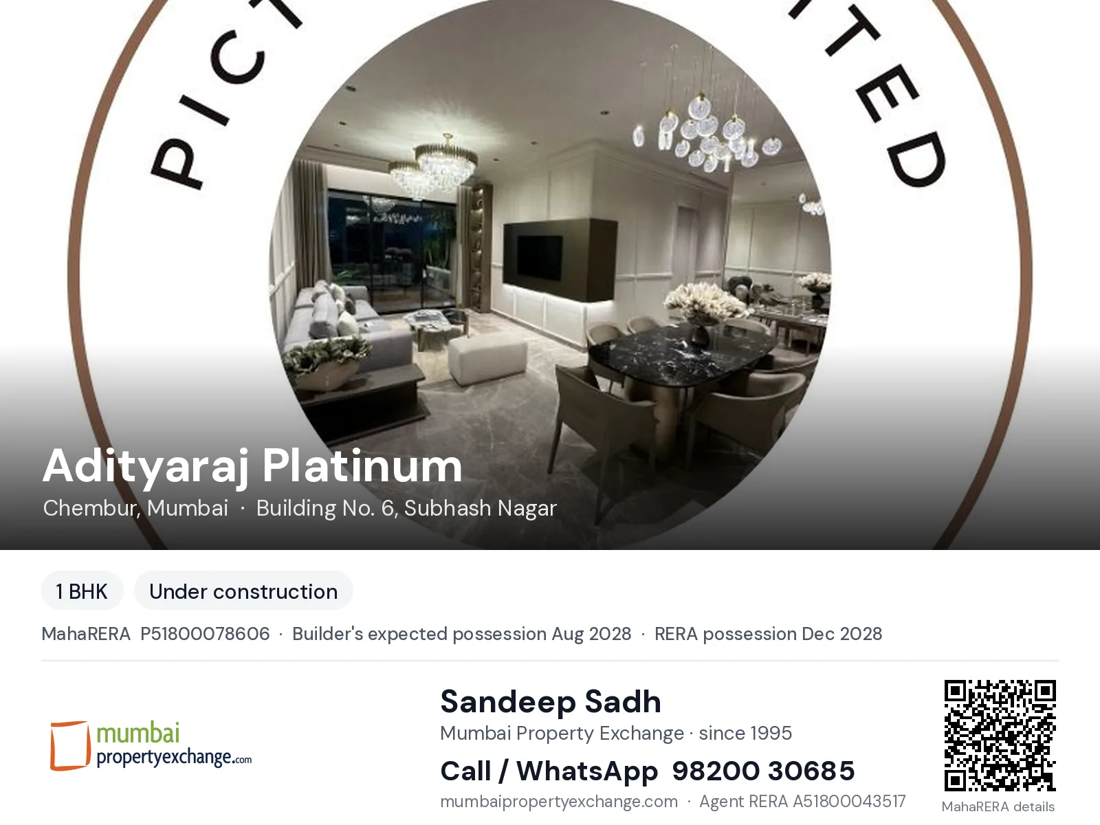 Adityaraj Platinum, Chembur, Mumbai — 1 BHK new project, builder's expected possession Aug 2028, RERA possession Dec 2028 | Mumbai Property Exchange, Sandeep Sadh 98200 30685