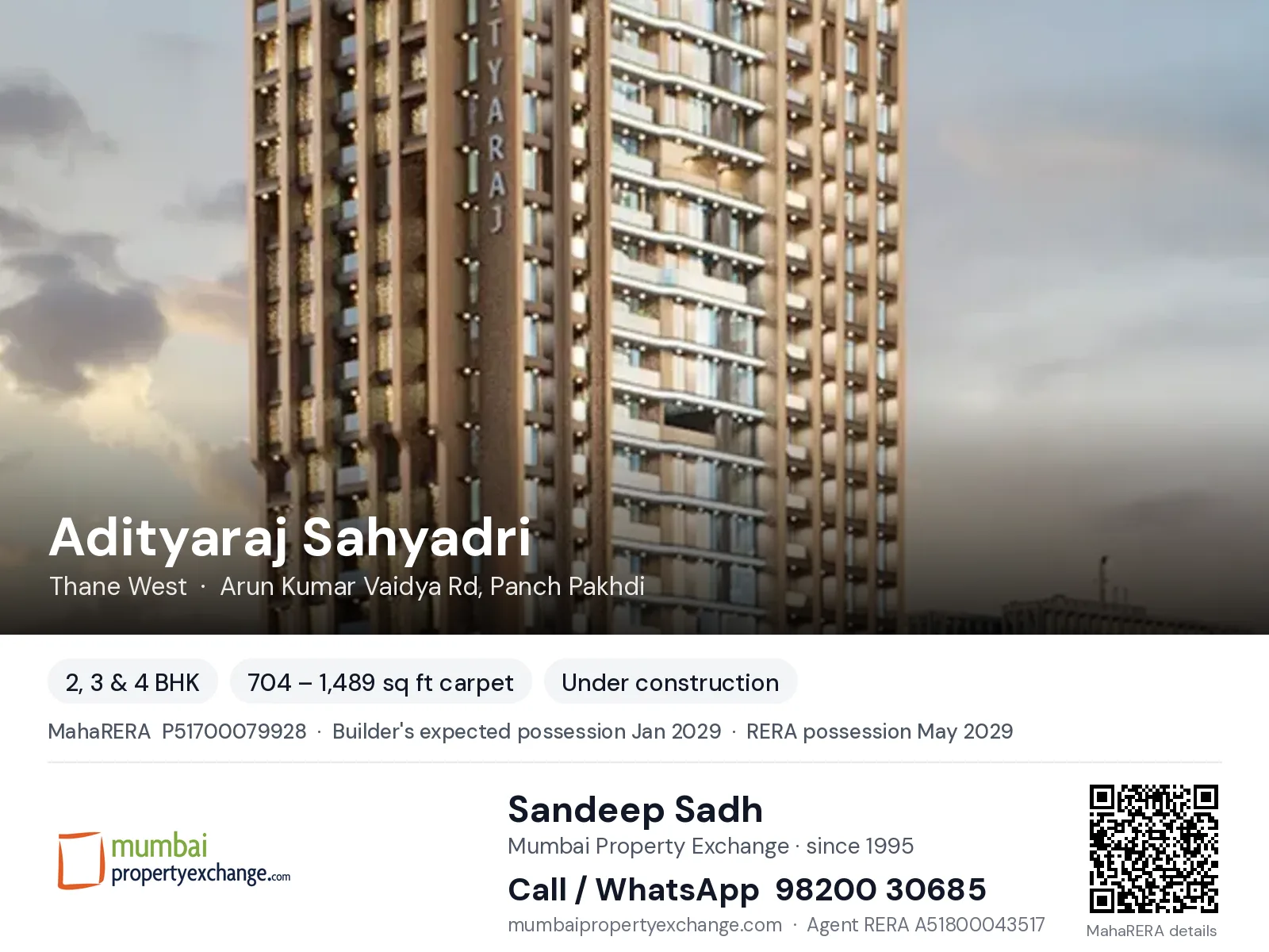 Adityaraj Sahyadri, Thane West — 2, 3 & 4 BHK new project, builder's expected possession Jan 2029, RERA possession May 2029 | Mumbai Property Exchange, Sandeep Sadh 98200 30685