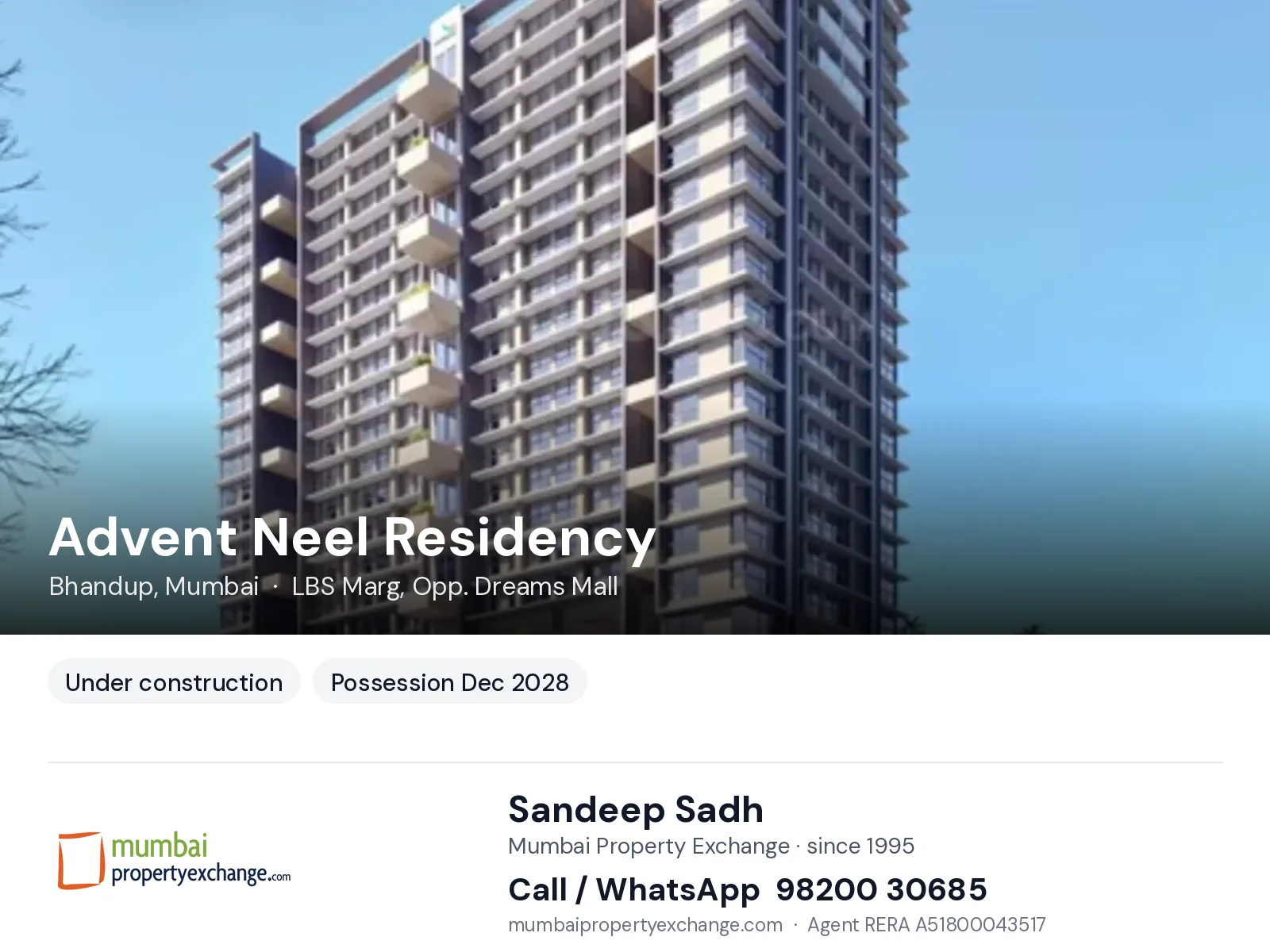 Advent Neel Residency, Bhandup, Mumbai — new project, possession Dec 2028 | Mumbai Property Exchange, Sandeep Sadh 98200 30685
