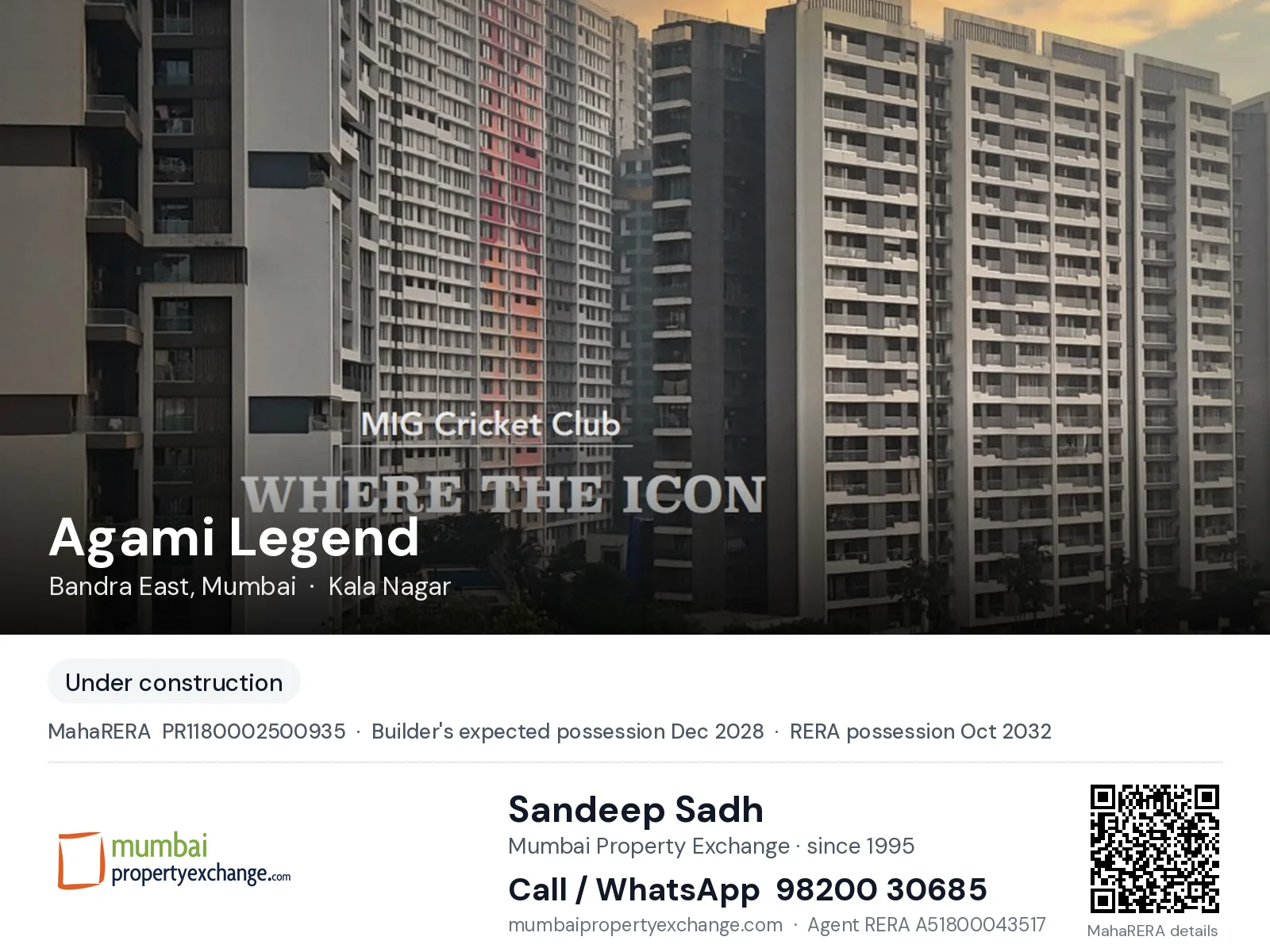 Agami Legend, Bandra East, Mumbai — new project, possession 2032-12-01 | Mumbai Property Exchange, Sandeep Sadh 98200 30685