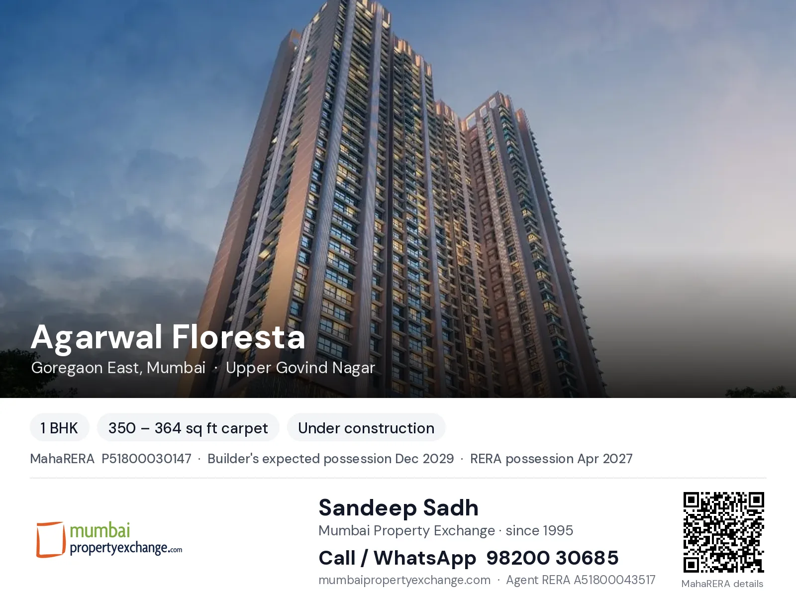 Agarwal Floresta, Goregaon East, Mumbai — 1 BHK new project, builder's expected possession Dec 2029, RERA possession Apr 2027 | Mumbai Property Exchange, Sandeep Sadh 98200 30685