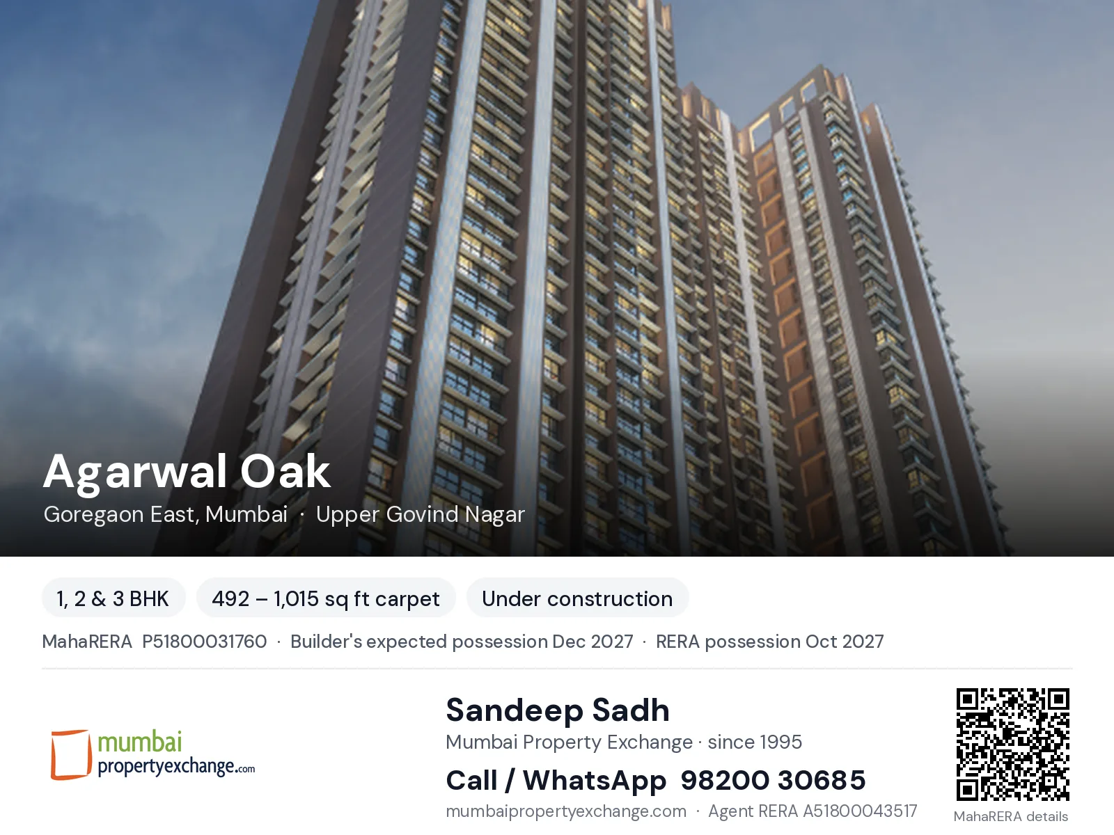 Agarwal Oak, Goregaon East, Mumbai — 1, 2 & 3 BHK new project, builder's expected possession Dec 2027, RERA possession Oct 2027 | Mumbai Property Exchange, Sandeep Sadh 98200 30685