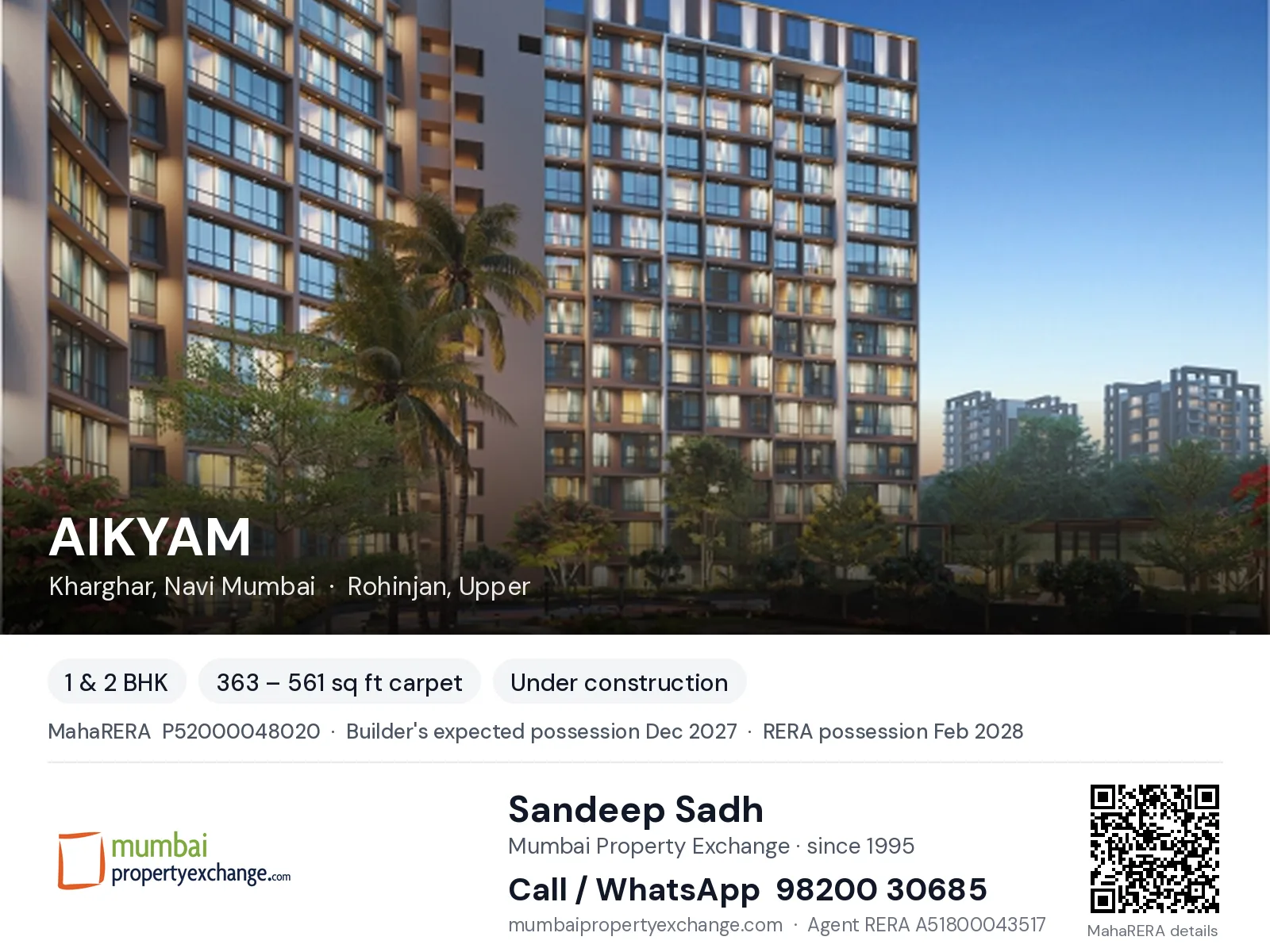 AIKYAM by Today Royal, Kharghar, Navi Mumbai — 1 & 2 BHK new project, builder's expected possession Dec 2027, RERA possession Feb 2028 | Mumbai Property Exchange, Sandeep Sadh 98200 30685