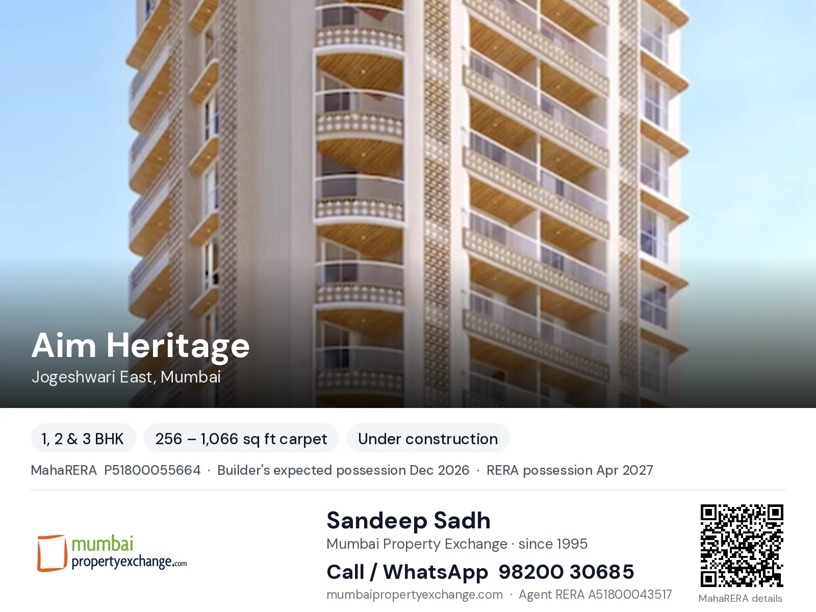 Aim Heritage, Jogeshwari East, Mumbai — 1, 2 & 3 BHK new project, builder's expected possession Dec 2026, RERA possession Apr 2027 | Mumbai Property Exchange, Sandeep Sadh 98200 30685