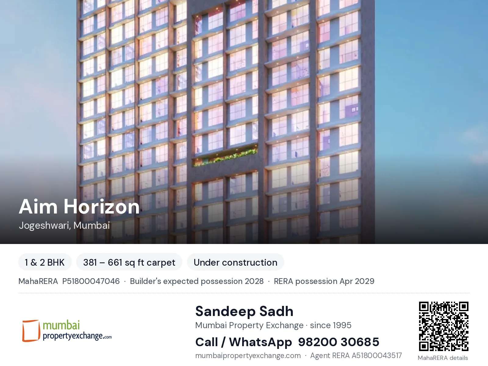 Aim Horizon, Jogeshwari, Mumbai — 1 & 2 BHK new project, builder's expected possession 2028, RERA possession Apr 2029 | Mumbai Property Exchange, Sandeep Sadh 98200 30685