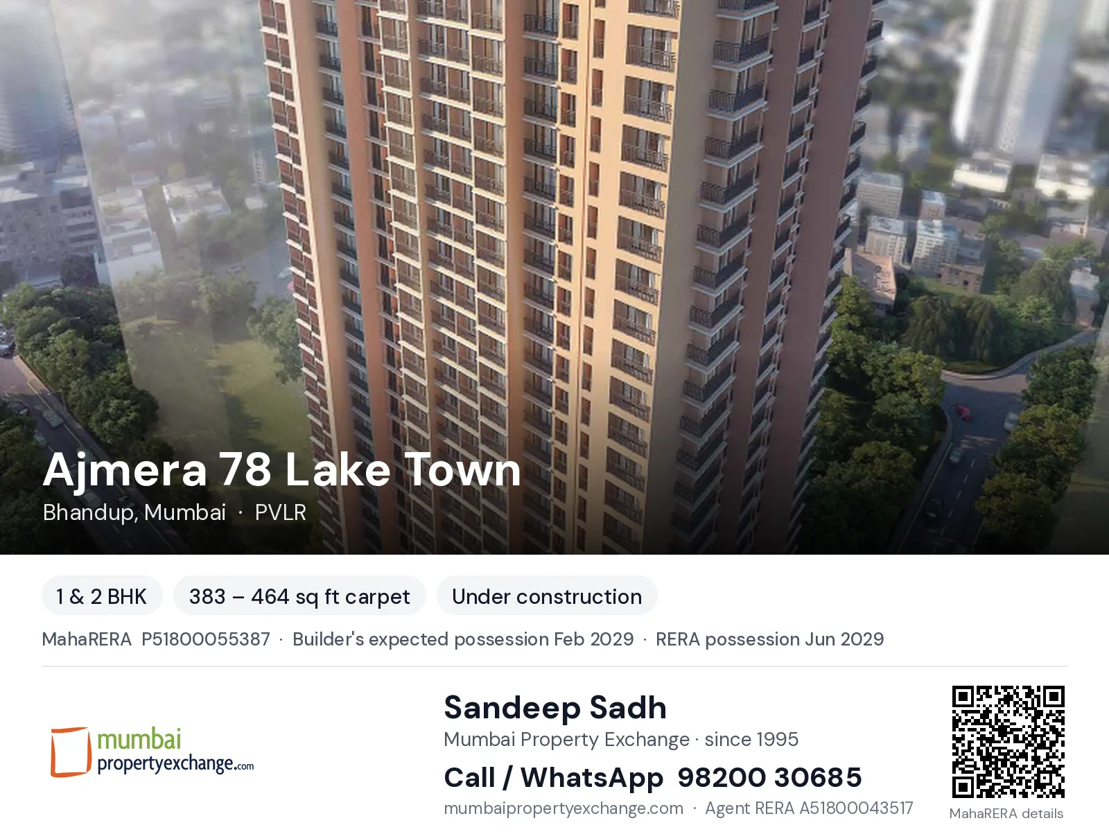 Ajmera 78 Lake Town, Bhandup, Mumbai — 1 & 2 BHK new project, builder's expected possession Feb 2029, RERA possession Jun 2029 | Mumbai Property Exchange, Sandeep Sadh 98200 30685
