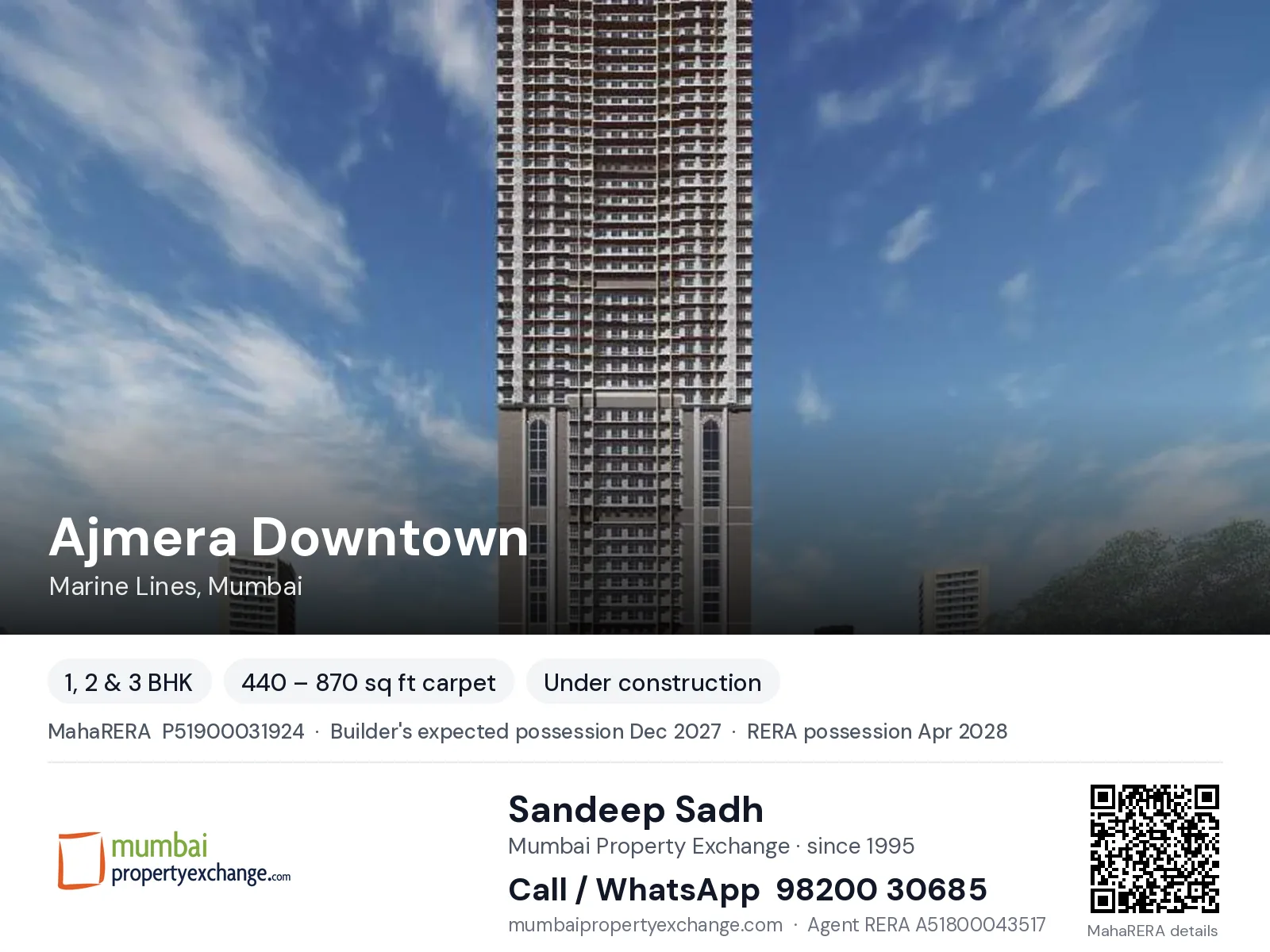 Ajmera Downtown, Marine Lines, Mumbai — 1, 2 & 3 BHK new project, builder's expected possession Dec 2027, RERA possession Apr 2028 | Mumbai Property Exchange, Sandeep Sadh 98200 30685