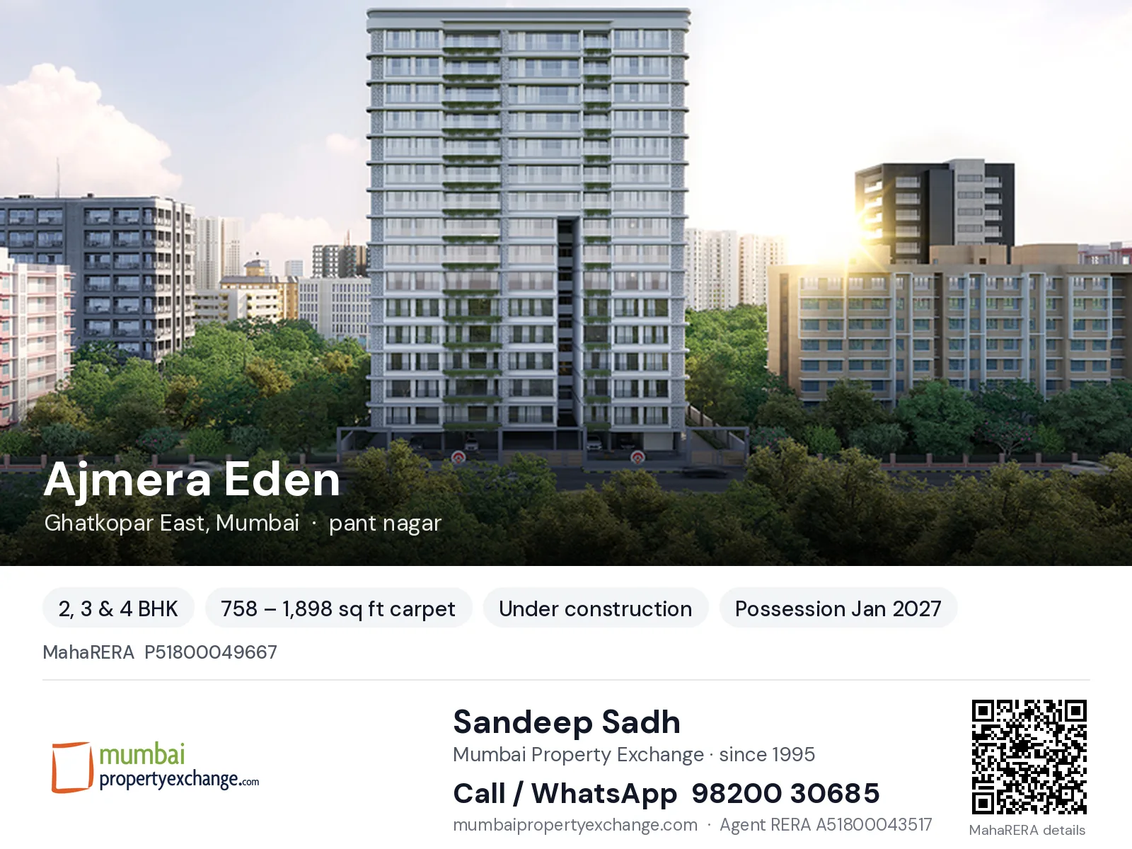 Ajmera Eden, Ghatkopar East, Mumbai — 2, 3 & 4 BHK new project, possession Jan 2027 | Mumbai Property Exchange, Sandeep Sadh 98200 30685