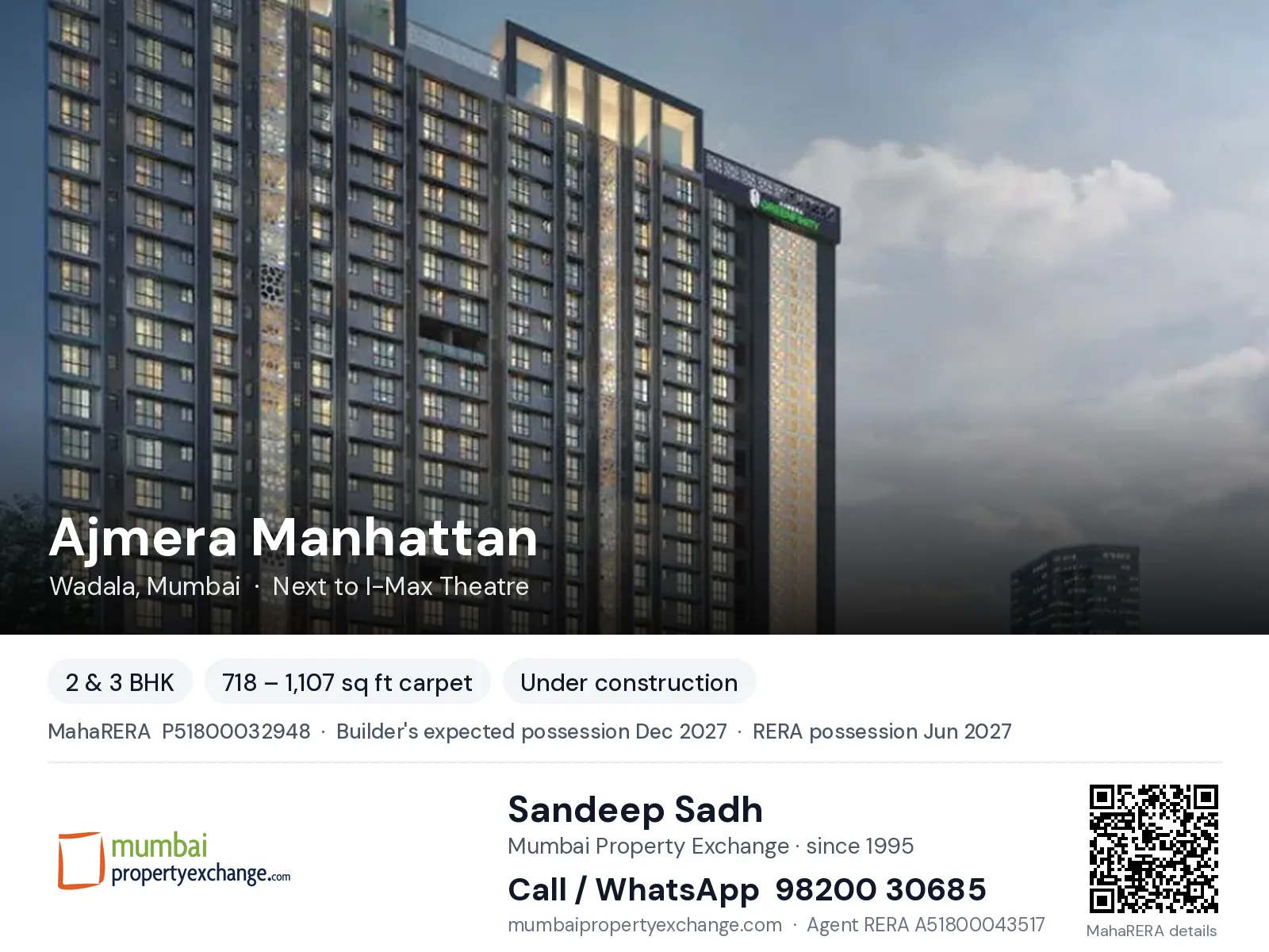 Ajmera Manhattan, Wadala, Mumbai — 2 & 3 BHK new project, builder's expected possession Dec 2027, RERA possession Jun 2027 | Mumbai Property Exchange, Sandeep Sadh 98200 30685