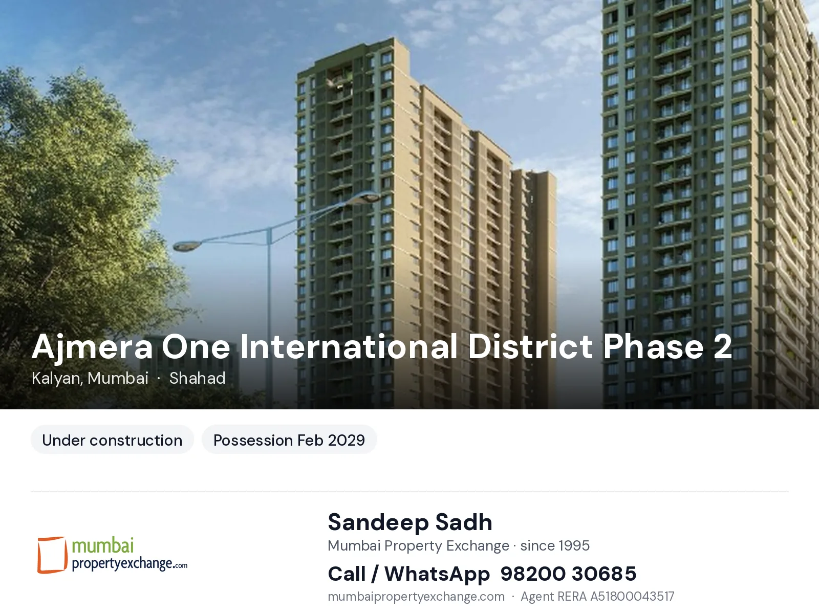 Ajmera One International District Phase 2, Kalyan, Mumbai — new project, possession Feb 2029 | Mumbai Property Exchange, Sandeep Sadh 98200 30685