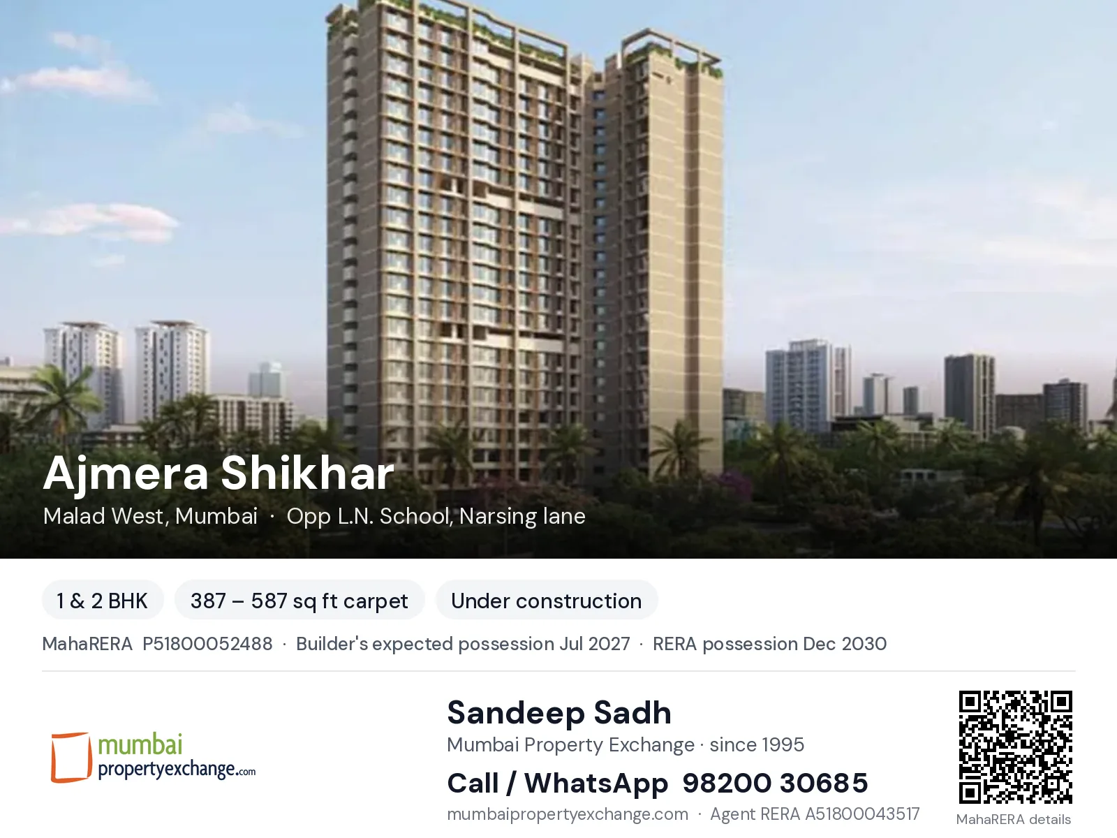 Ajmera Shikhar, Malad West, Mumbai — 1 & 2 BHK new project, builder's expected possession Jul 2027, RERA possession Dec 2030 | Mumbai Property Exchange, Sandeep Sadh 98200 30685