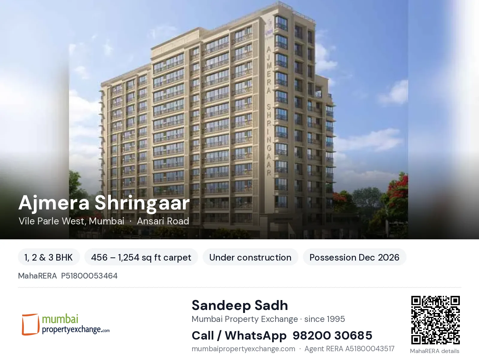 Ajmera Shringaar, Vile Parle West, Mumbai — 1, 2 & 3 BHK new project, possession Dec 2026 | Mumbai Property Exchange, Sandeep Sadh 98200 30685