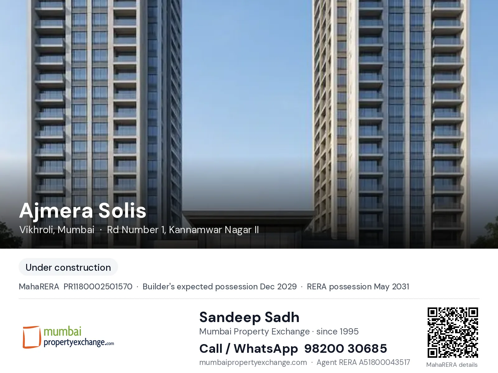 Ajmera Solis, Vikhroli, Mumbai — new project, builder's expected possession Dec 2029, RERA possession May 2031 | Mumbai Property Exchange, Sandeep Sadh 98200 30685