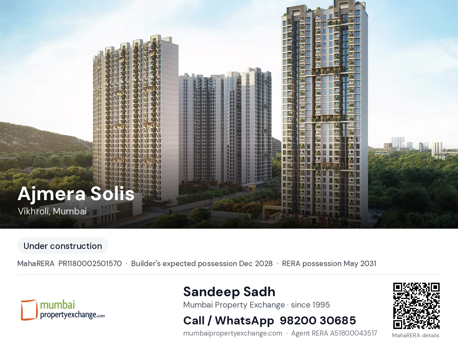 Ajmera Solis, Vikhroli, Mumbai — new project, builder's expected possession Dec 2028, RERA possession May 2031 | Mumbai Property Exchange, Sandeep Sadh 98200 30685