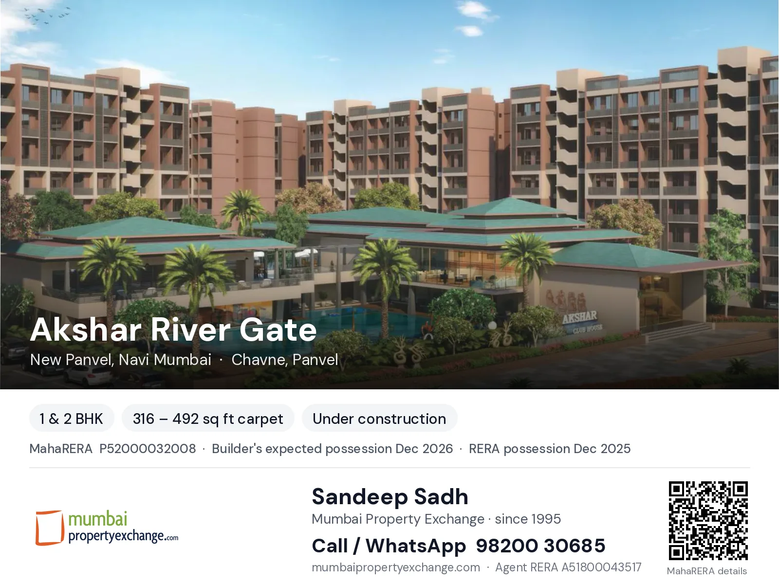 Akshar River Gate, New Panvel, Navi Mumbai — 1 & 2 BHK new project, builder's expected possession Dec 2026, RERA possession Dec 2025 | Mumbai Property Exchange, Sandeep Sadh 98200 30685