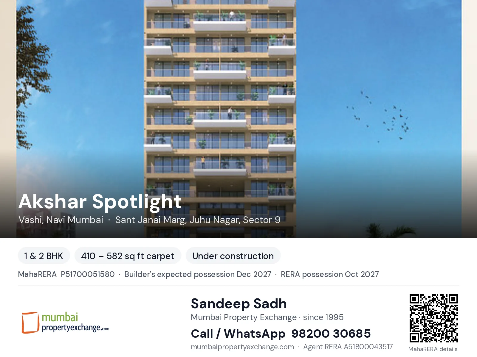 Akshar Spotlight, Vashi, Navi Mumbai — 1 & 2 BHK new project, builder's expected possession Dec 2027, RERA possession Oct 2027 | Mumbai Property Exchange, Sandeep Sadh 98200 30685