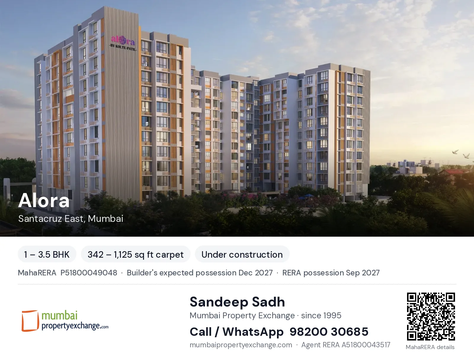 Alora by Kolte Patil, Santacruz East, Mumbai — 1 – 3.5 BHK new project, builder's expected possession Dec 2027, RERA possession Sep 2027 | Mumbai Property Exchange, Sandeep Sadh 98200 30685