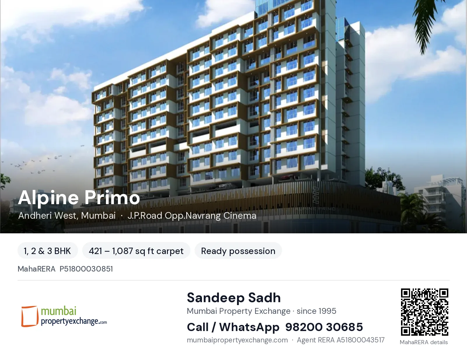 Alpine Primo, Andheri West, Mumbai — 1, 2 & 3 BHK ready-to-move project | Mumbai Property Exchange, Sandeep Sadh 98200 30685