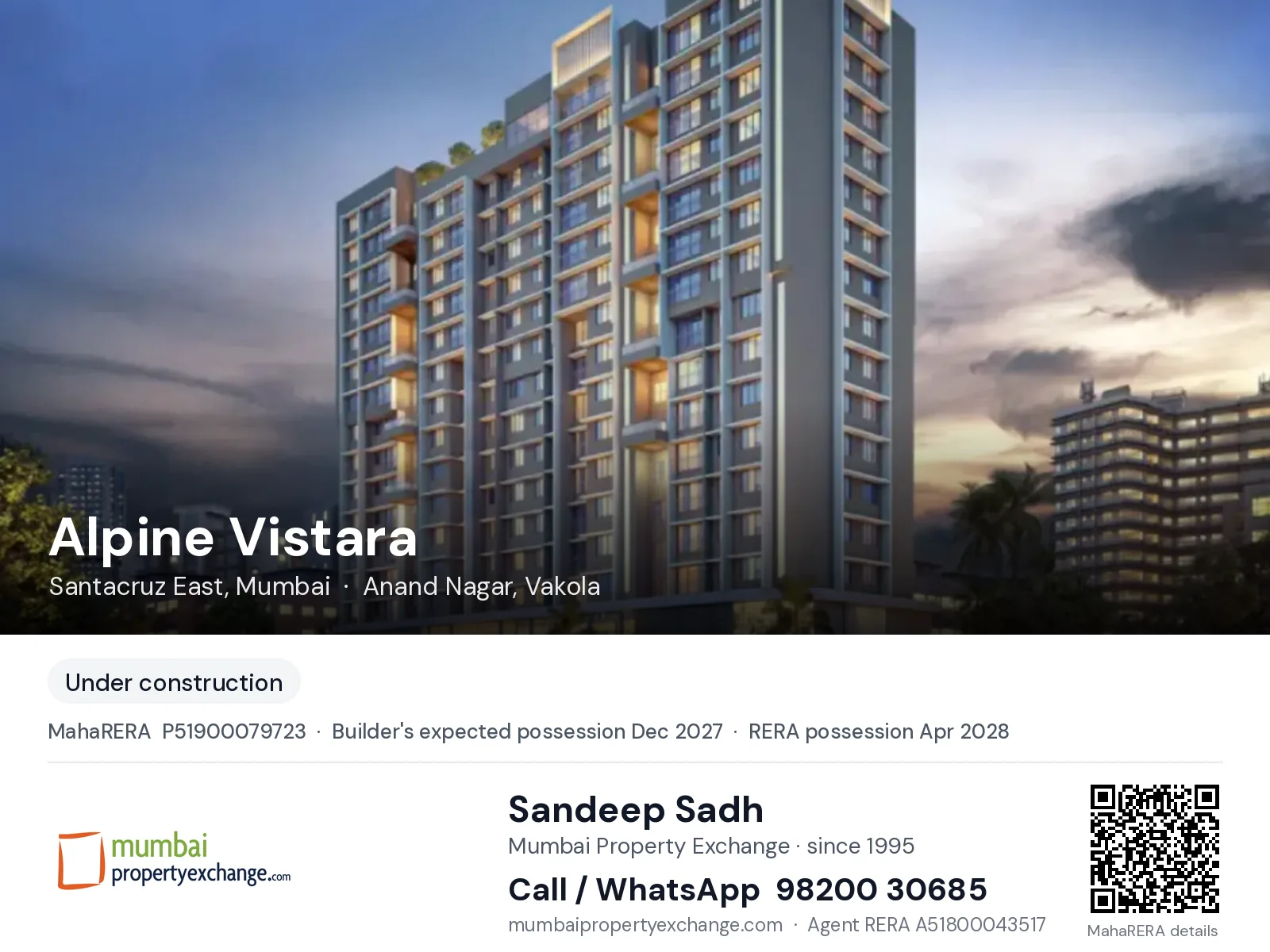 Alpine Vistara by Alpinepeak, Santacruz East, Mumbai — new project, builder's expected possession Dec 2027, RERA possession Apr 2028 | Mumbai Property Exchange, Sandeep Sadh 98200 30685