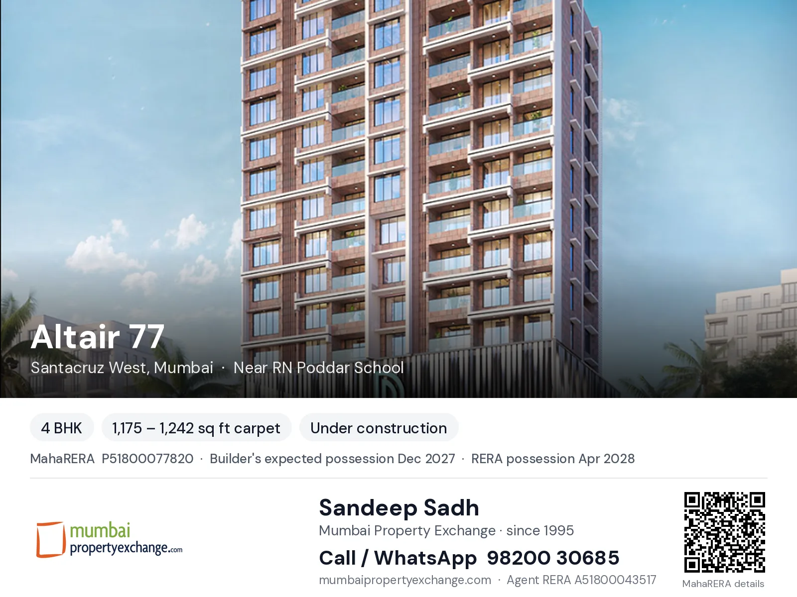 Altair 77 by PSK, Santacruz West, Mumbai — 4 BHK new project, builder's expected possession Dec 2027, RERA possession Apr 2028 | Mumbai Property Exchange, Sandeep Sadh 98200 30685