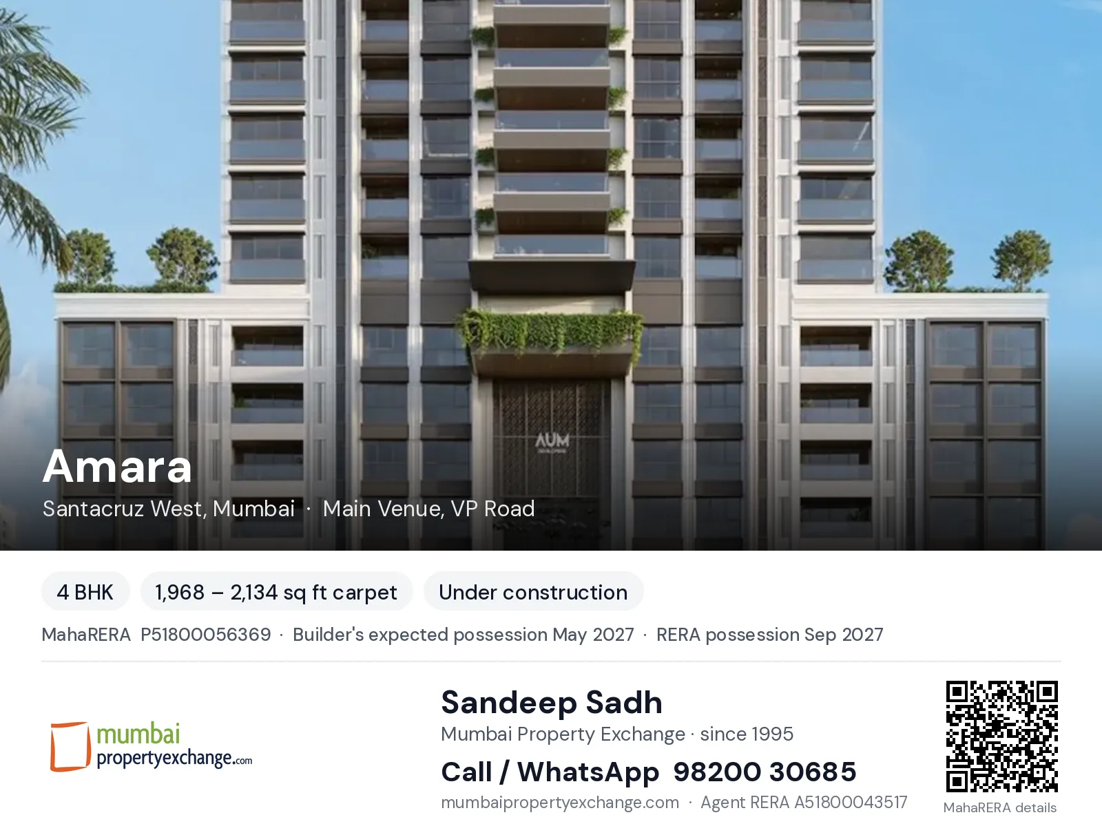 Amara by AUM, Santacruz West, Mumbai — 4 BHK new project, builder's expected possession May 2027, RERA possession Sep 2027 | Mumbai Property Exchange, Sandeep Sadh 98200 30685