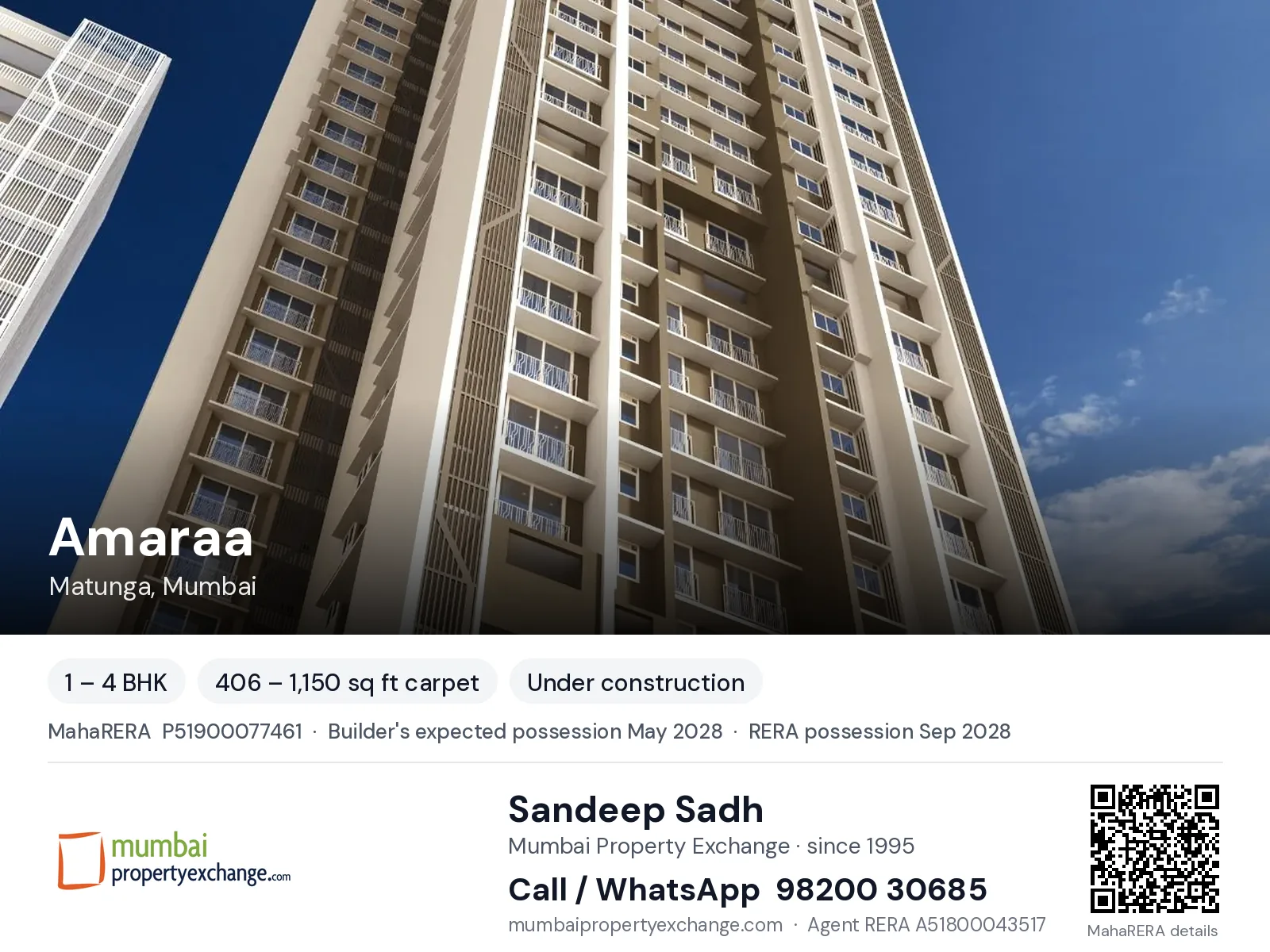 Amaraa by PrinceCare, Matunga, Mumbai — 1 – 4 BHK new project, builder's expected possession May 2028, RERA possession Sep 2028 | Mumbai Property Exchange, Sandeep Sadh 98200 30685