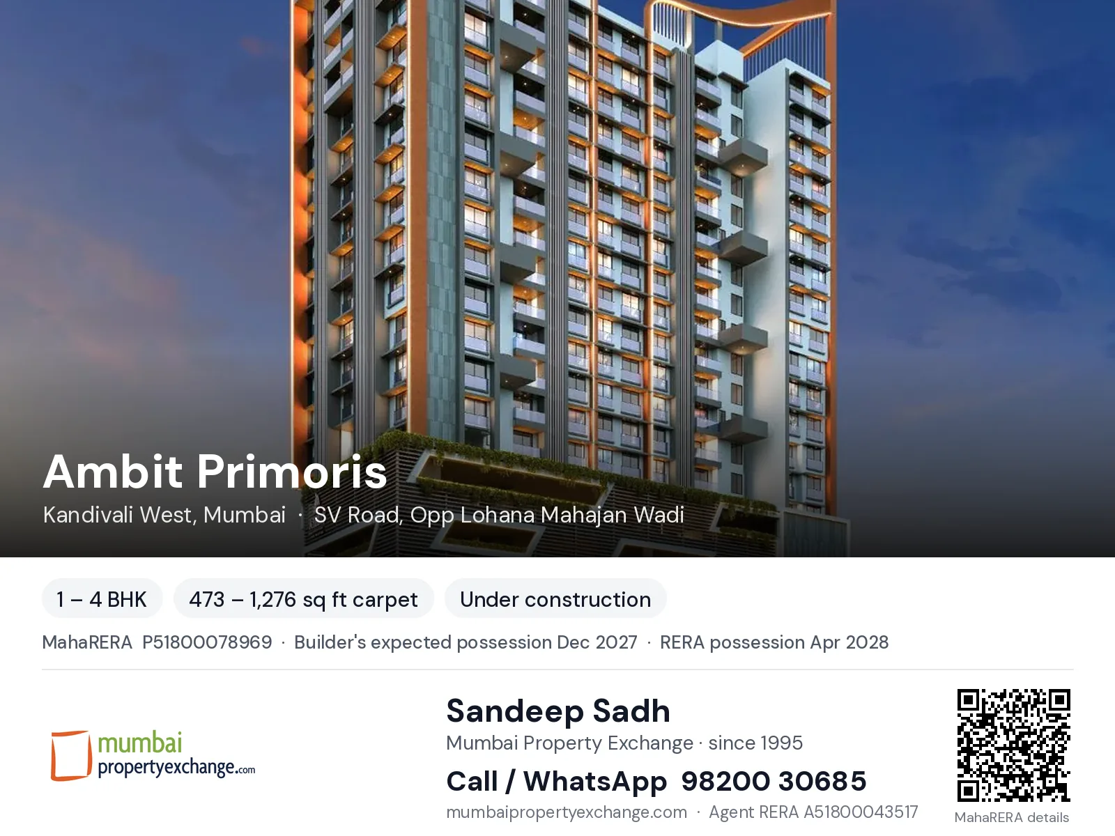 Ambit Primoris, Kandivali West, Mumbai — 1 – 4 BHK new project, builder's expected possession Dec 2027, RERA possession Apr 2028 | Mumbai Property Exchange, Sandeep Sadh 98200 30685