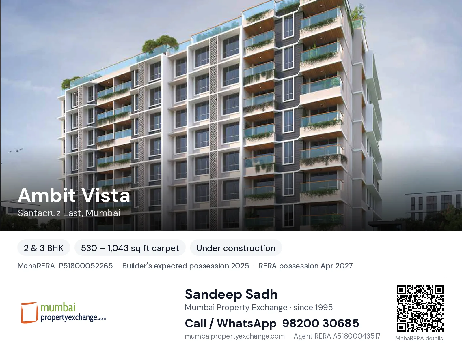 Ambit Vista, Santacruz East, Mumbai — 2 & 3 BHK new project, builder's expected possession 2025, RERA possession Apr 2027 | Mumbai Property Exchange, Sandeep Sadh 98200 30685