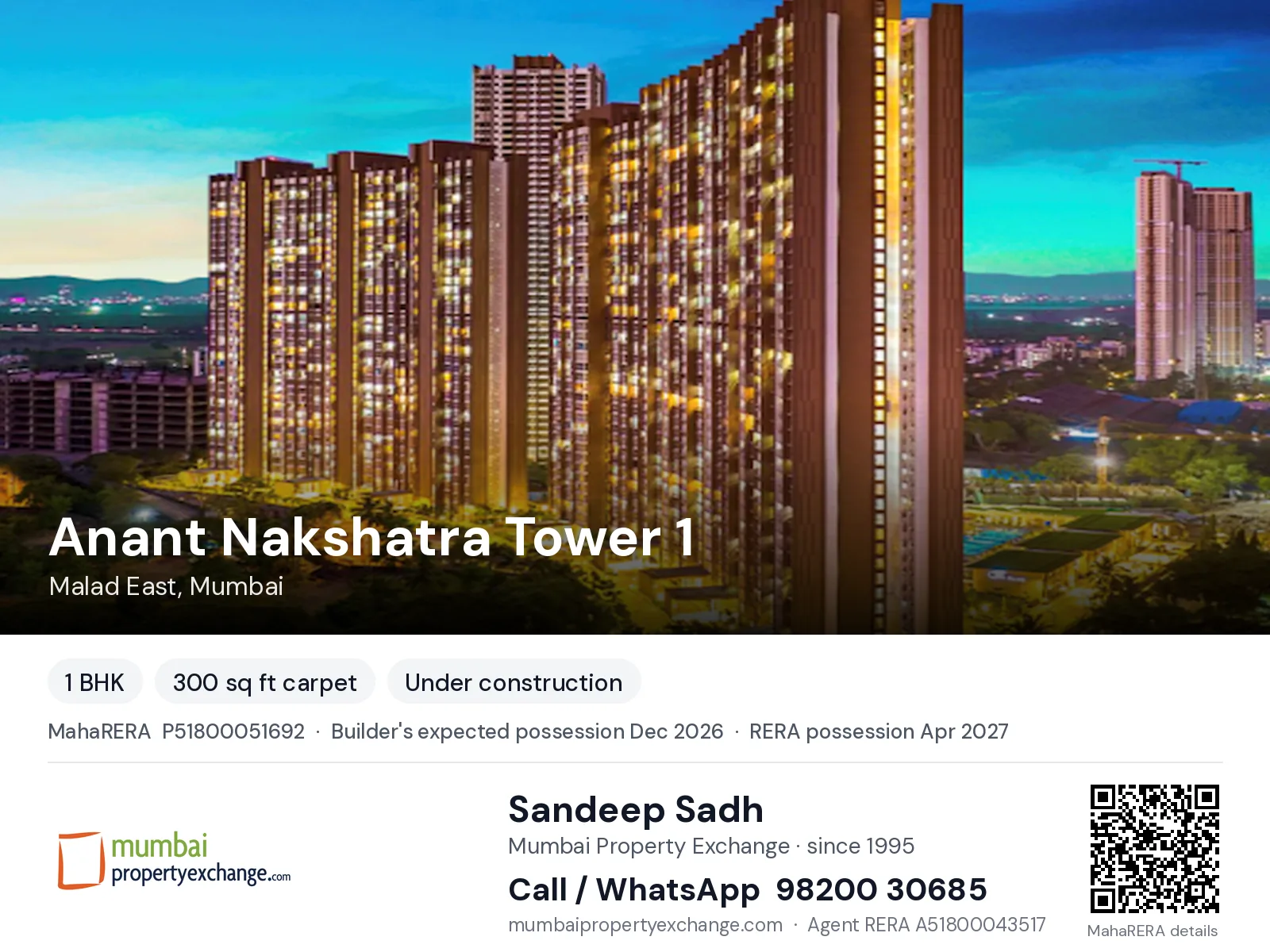 Anant Nakshatra Tower 1, Malad East, Mumbai — 1 BHK new project, builder's expected possession Dec 2026, RERA possession Apr 2027 | Mumbai Property Exchange, Sandeep Sadh 98200 30685