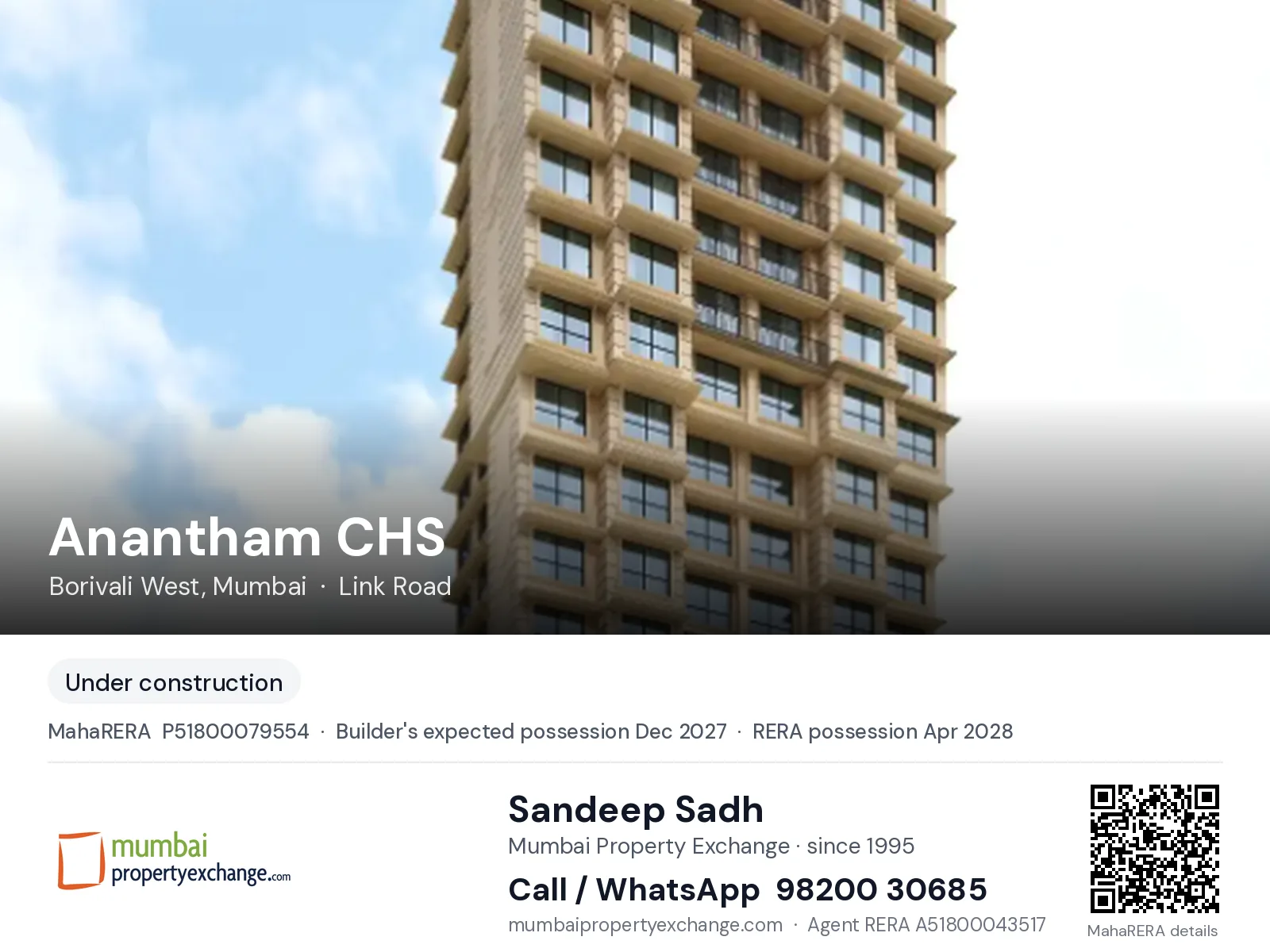 Anantham CHS by Panchnaad, Borivali West, Mumbai — new project, builder's expected possession Dec 2027, RERA possession Apr 2028 | Mumbai Property Exchange, Sandeep Sadh 98200 30685
