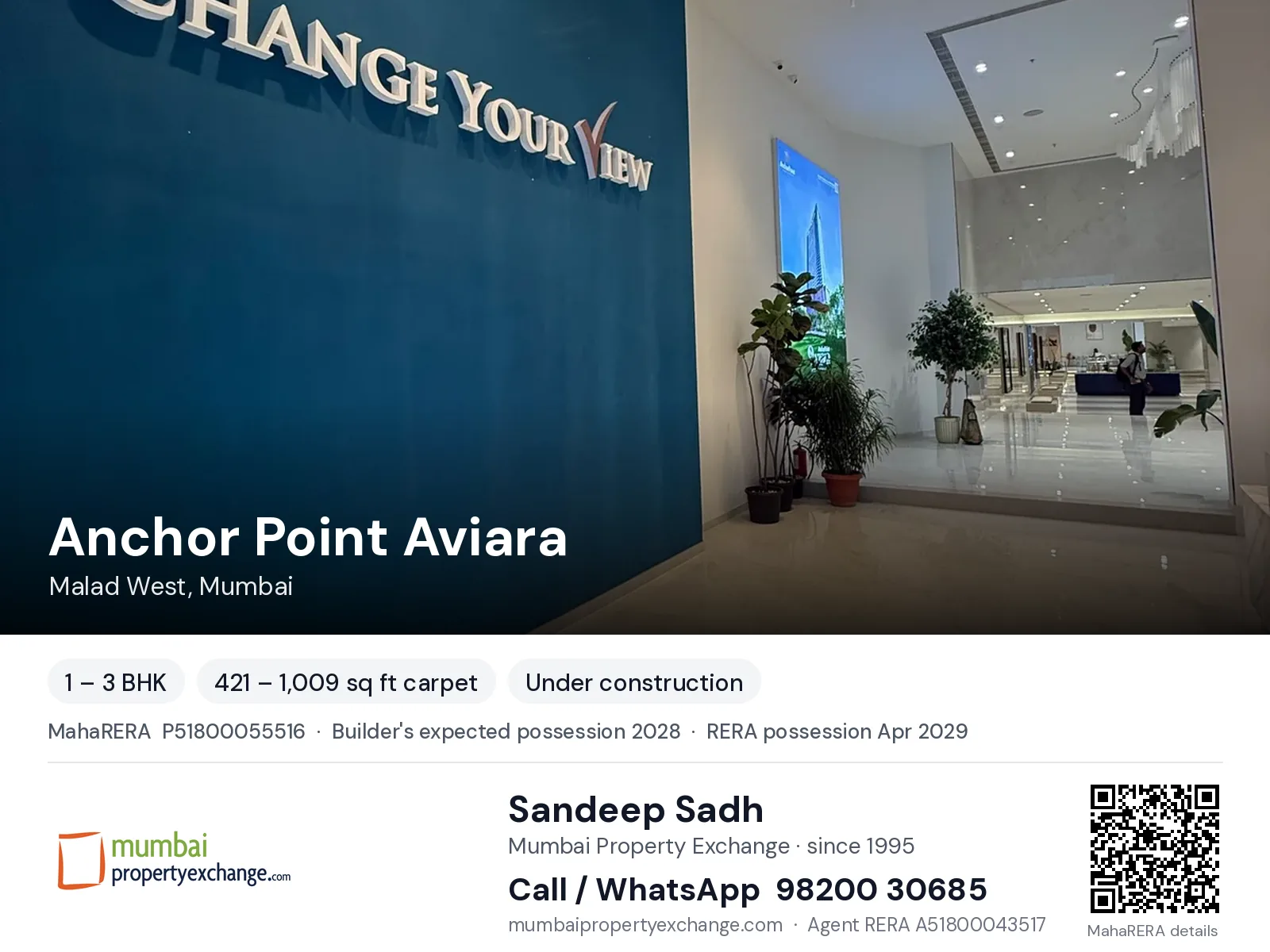 Anchor Point Aviara, Malad West, Mumbai — 1 – 3 BHK new project, builder's expected possession 2028, RERA possession Apr 2029 | Mumbai Property Exchange, Sandeep Sadh 98200 30685