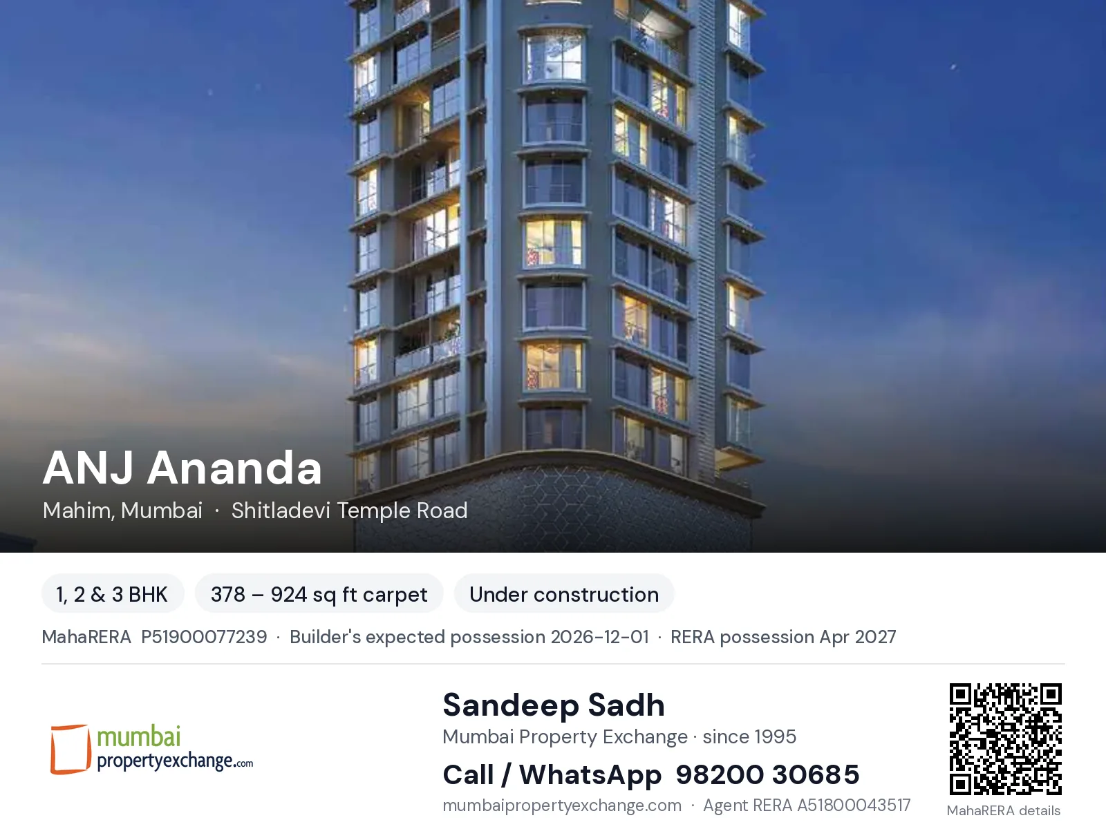 ANJ Ananda, Mahim, Mumbai — 1, 2 & 3 BHK new project, builder's expected possession 2026-12-01, RERA possession Apr 2027 | Mumbai Property Exchange, Sandeep Sadh 98200 30685