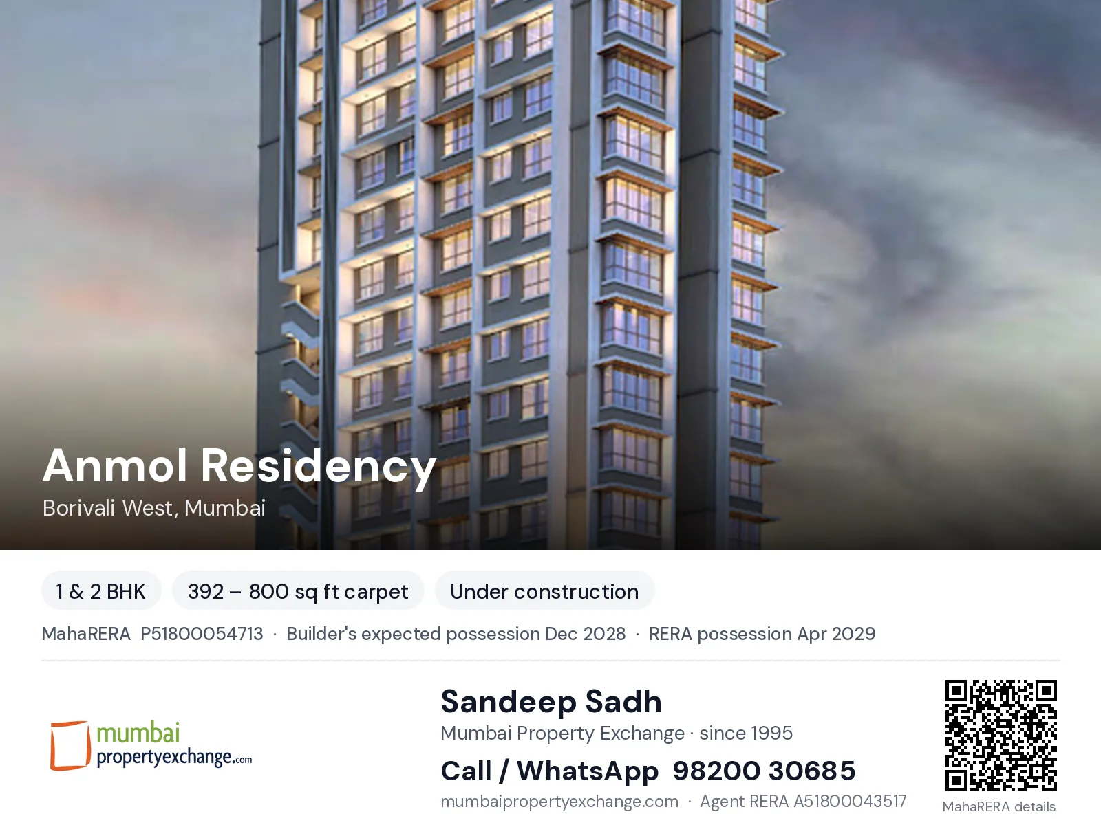 Anmol Residency by B.B, Borivali West, Mumbai — 1 & 2 BHK new project, builder's expected possession Dec 2028, RERA possession Apr 2029 | Mumbai Property Exchange, Sandeep Sadh 98200 30685