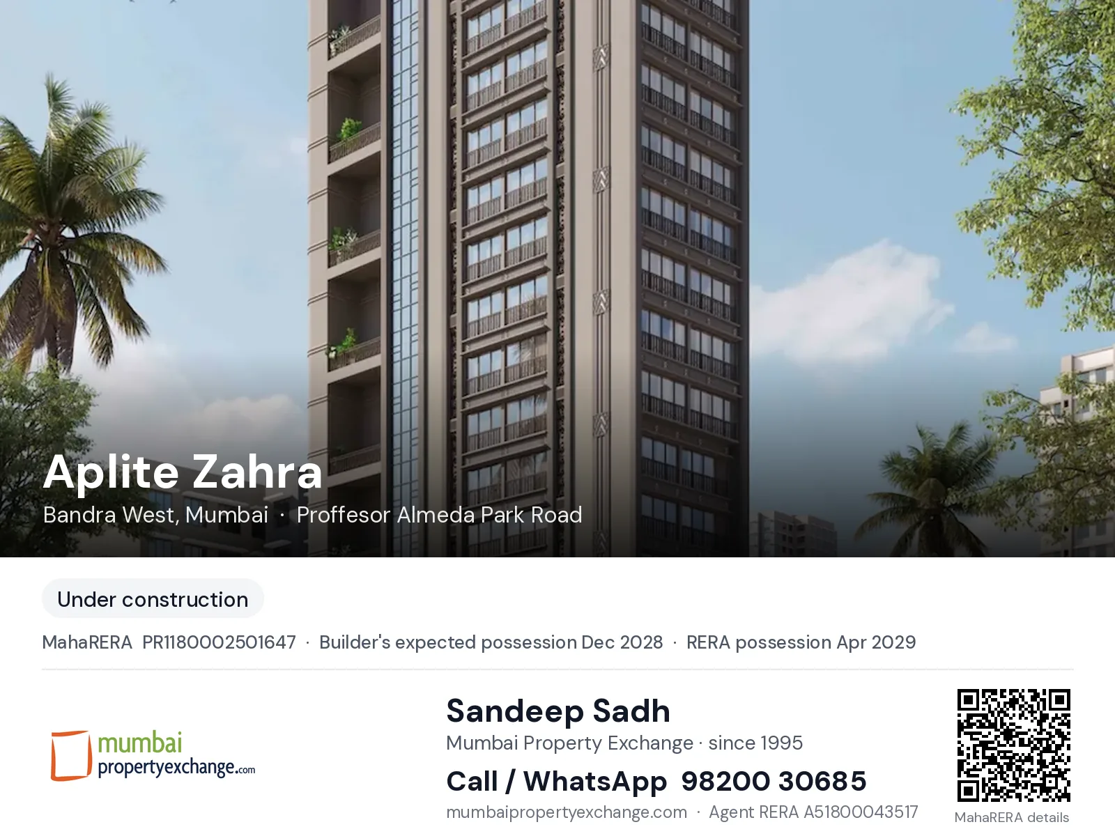 Aplite Zahra, Bandra West, Mumbai — new project, builder's expected possession Dec 2028, RERA possession Apr 2029 | Mumbai Property Exchange, Sandeep Sadh 98200 30685