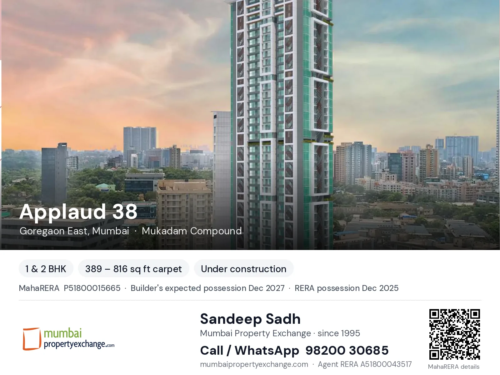 Applaud 38 by IM Buildcon, Goregaon East, Mumbai — 1 & 2 BHK new project, builder's expected possession Dec 2027, RERA possession Dec 2025 | Mumbai Property Exchange, Sandeep Sadh 98200 30685