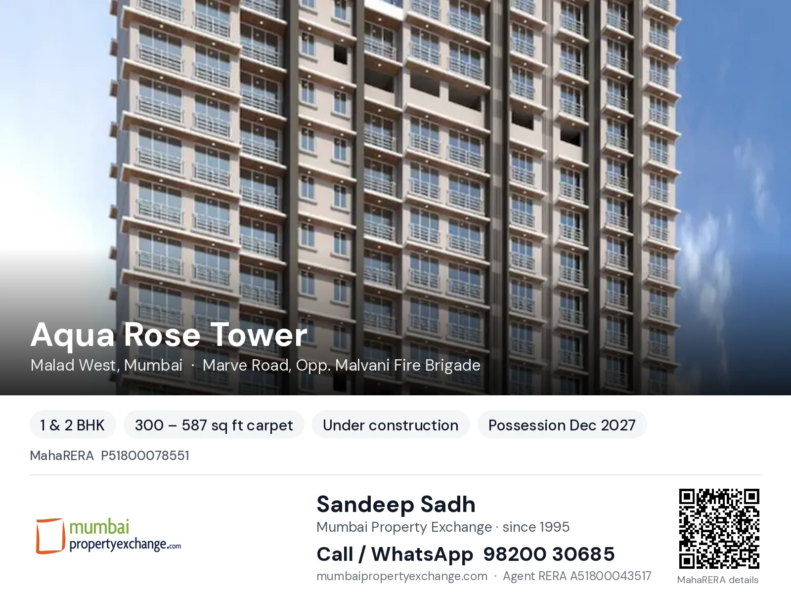 Aqua Rose Tower by Aquarock Buildcon, Malad West, Mumbai — 1 & 2 BHK new project, possession Dec 2027 | Mumbai Property Exchange, Sandeep Sadh 98200 30685