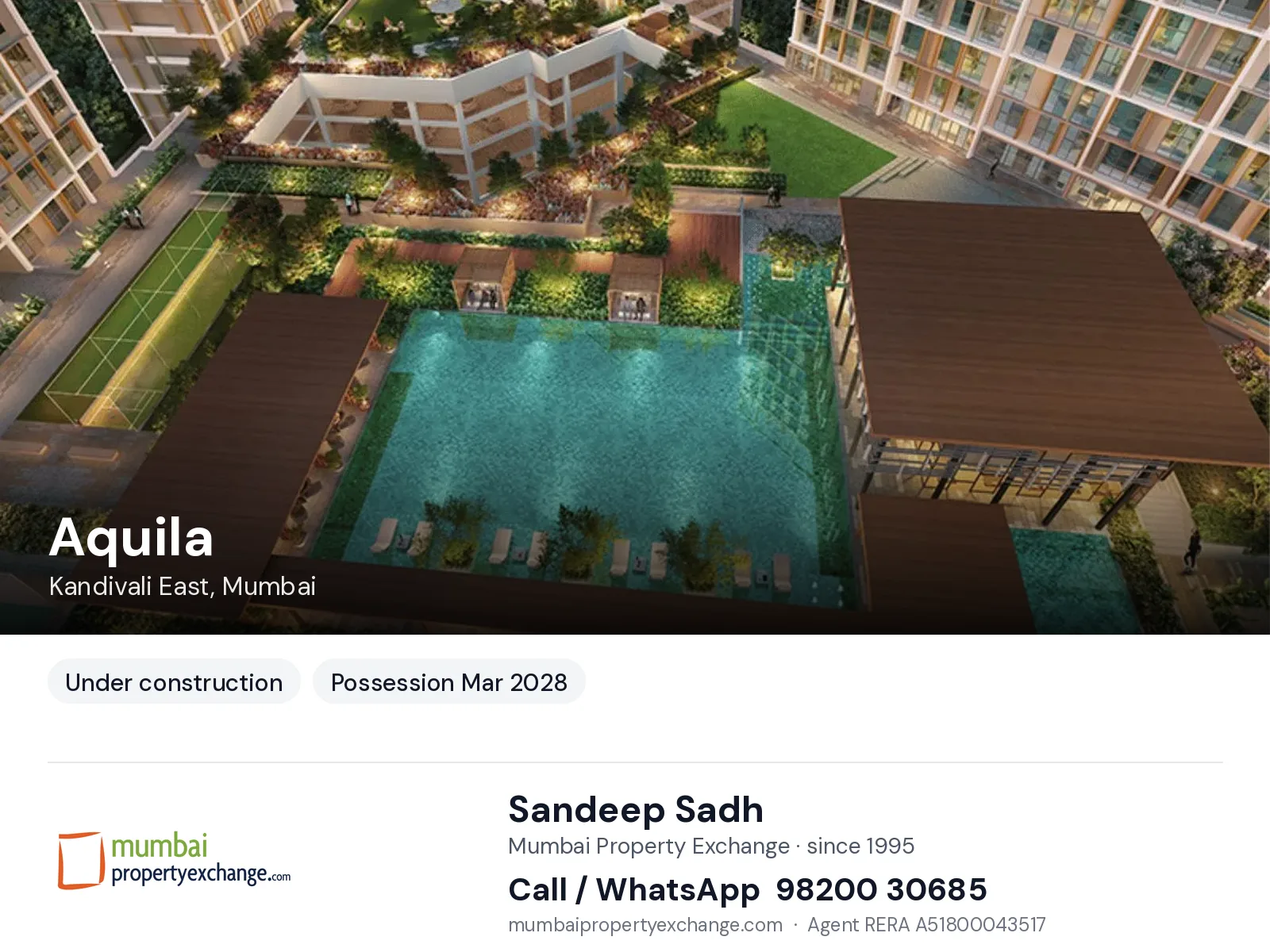 Aquila by Shapoorji Pallonji, Kandivali East, Mumbai — new project, possession Mar 2028 | Mumbai Property Exchange, Sandeep Sadh 98200 30685