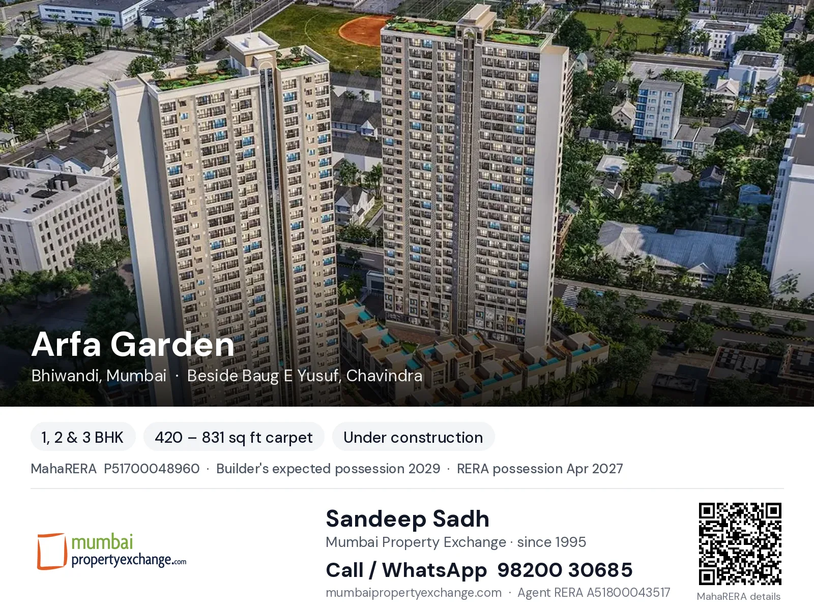 Arfa Garden by Quba, Bhiwandi, Mumbai — 1, 2 & 3 BHK new project, builder's expected possession 2029, RERA possession Apr 2027 | Mumbai Property Exchange, Sandeep Sadh 98200 30685