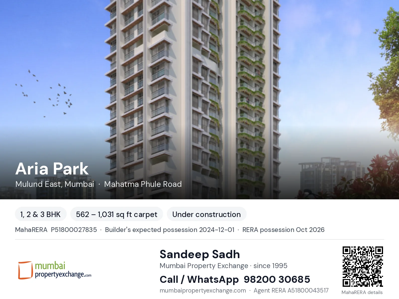 Aria Park by Konark, Mulund East, Mumbai — 1, 2 & 3 BHK new project, builder's expected possession 2024-12-01, RERA possession Oct 2026 | Mumbai Property Exchange, Sandeep Sadh 98200 30685