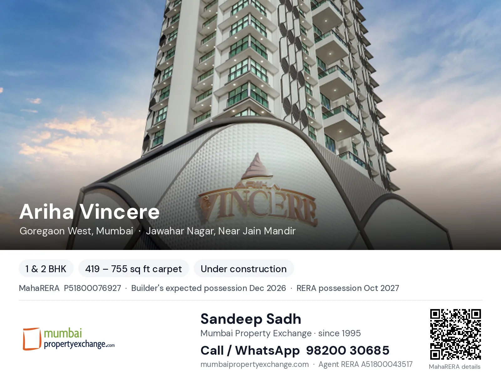Ariha Vincere, Goregaon West, Mumbai — 1 & 2 BHK new project, builder's expected possession Dec 2026, RERA possession Oct 2027 | Mumbai Property Exchange, Sandeep Sadh 98200 30685