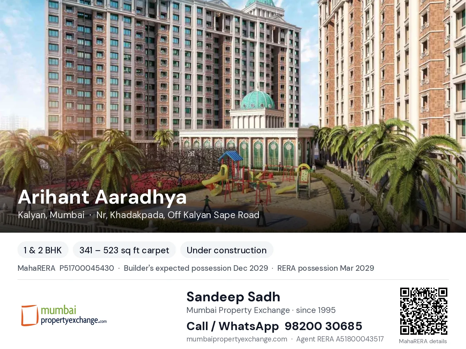 Arihant Aaradhya, Kalyan, Mumbai — 1 & 2 BHK new project, builder's expected possession Dec 2029, RERA possession Mar 2029 | Mumbai Property Exchange, Sandeep Sadh 98200 30685