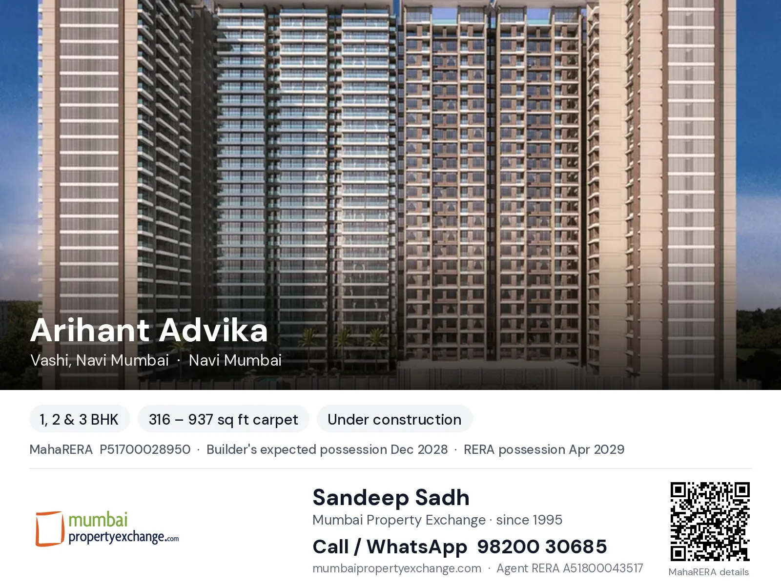 Arihant Advika, Vashi, Navi Mumbai — 1, 2 & 3 BHK new project, builder's expected possession Dec 2028, RERA possession Apr 2029 | Mumbai Property Exchange, Sandeep Sadh 98200 30685